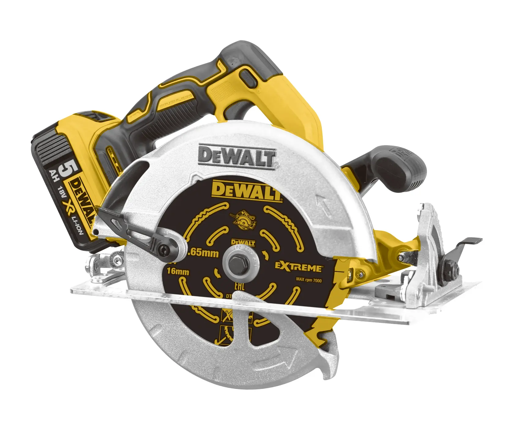 Eine DEWALT DCS570P2 Akku-Kreissäge mit gelb-schwarzem Design, ausgestattet mit einem 5,0Ah 18V XR Lithium-Ionen-Akku und einem Metallschutz für das Sägeblatt.
