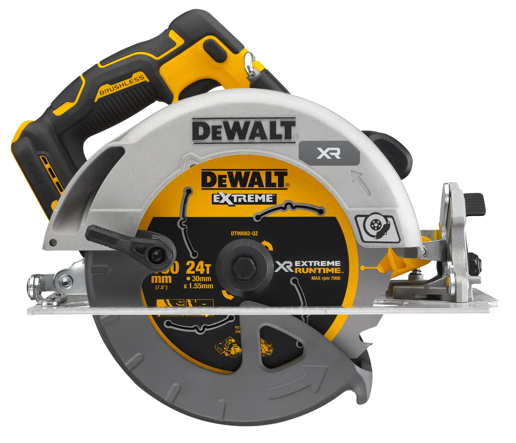 Sierra circular inalámbrica DEWALT DCS573NT con mango brushless amarillo y negro, cubierta plateada para la hoja circular y el distintivo XR de DEWALT destacado.