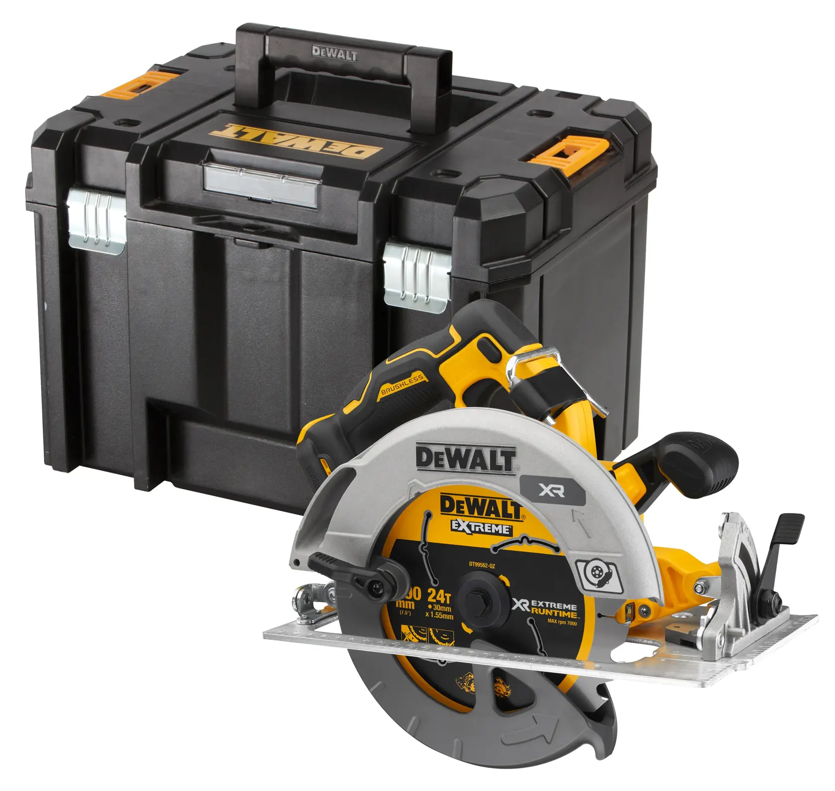 DEWALT Akku-Kreissäge mit stabilem Transportkoffer, geeignet für Holzarbeiten und Bau.