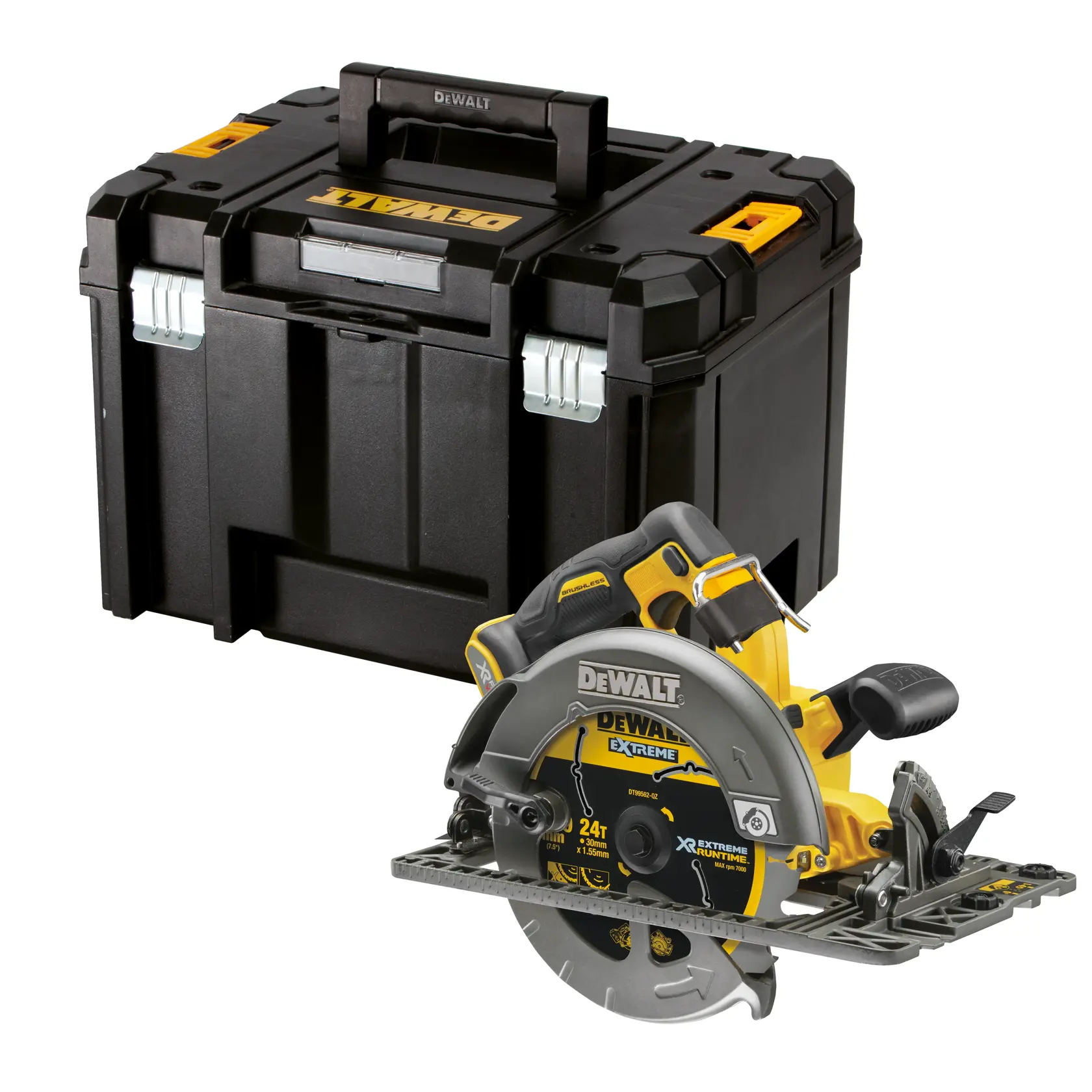DEWALT Kreissäge mit schwarzem Aufbewahrungskoffer, gelb und schwarz, vor weißem Hintergrund.