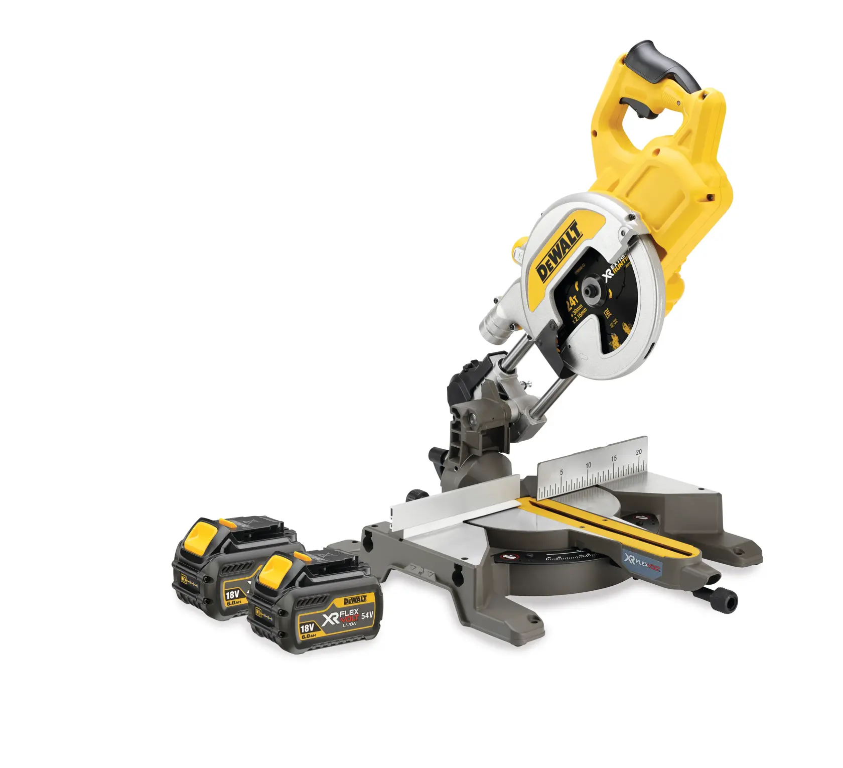 Eine kabellose DEWALT Gehrungssäge mit gelb-schwarzem Design, dazu zwei XR FLEXVOLT 18V 5,4Ah Lithium-Ionen-Akkus, die in der Nähe liegen.