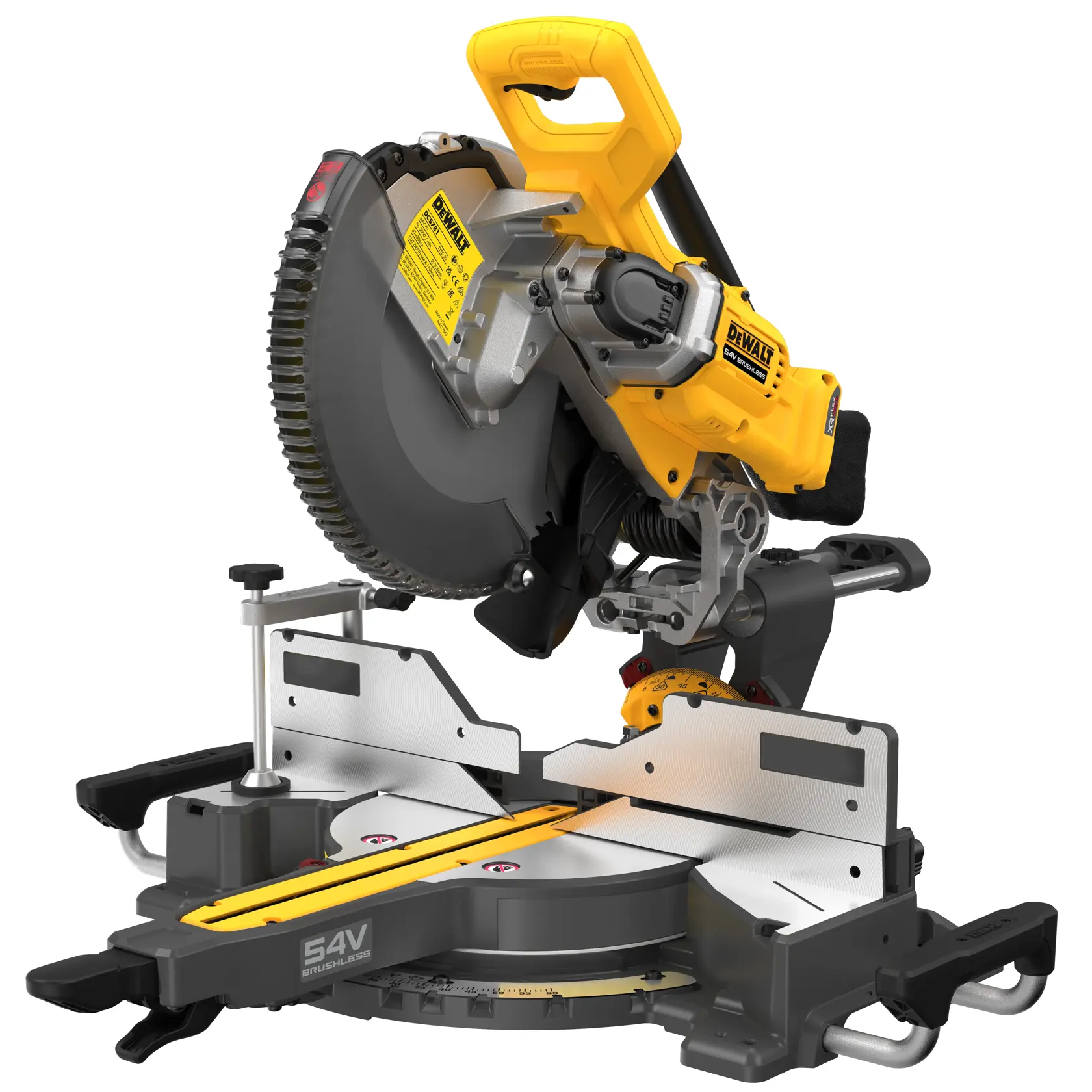 DEWALT 54V Akku-Kappsäge mit Schiebefunktion und bürstenlosem Motor, gelb-schwarz für präzise Holzschnitte.