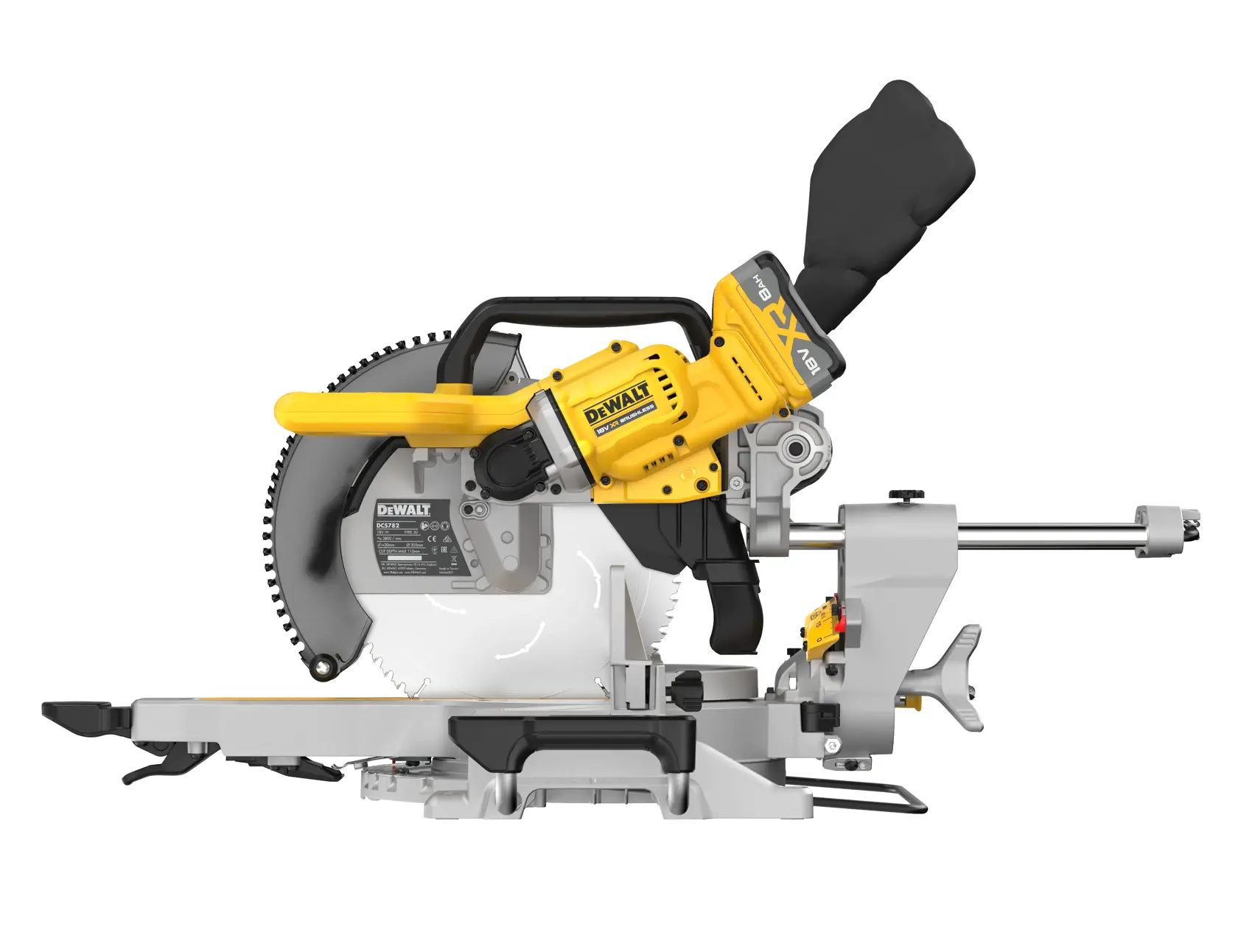 DEWALT Akku-Gehrungssäge mit gelbem Griff und Klingenschutz für präzise Holzschnitte.