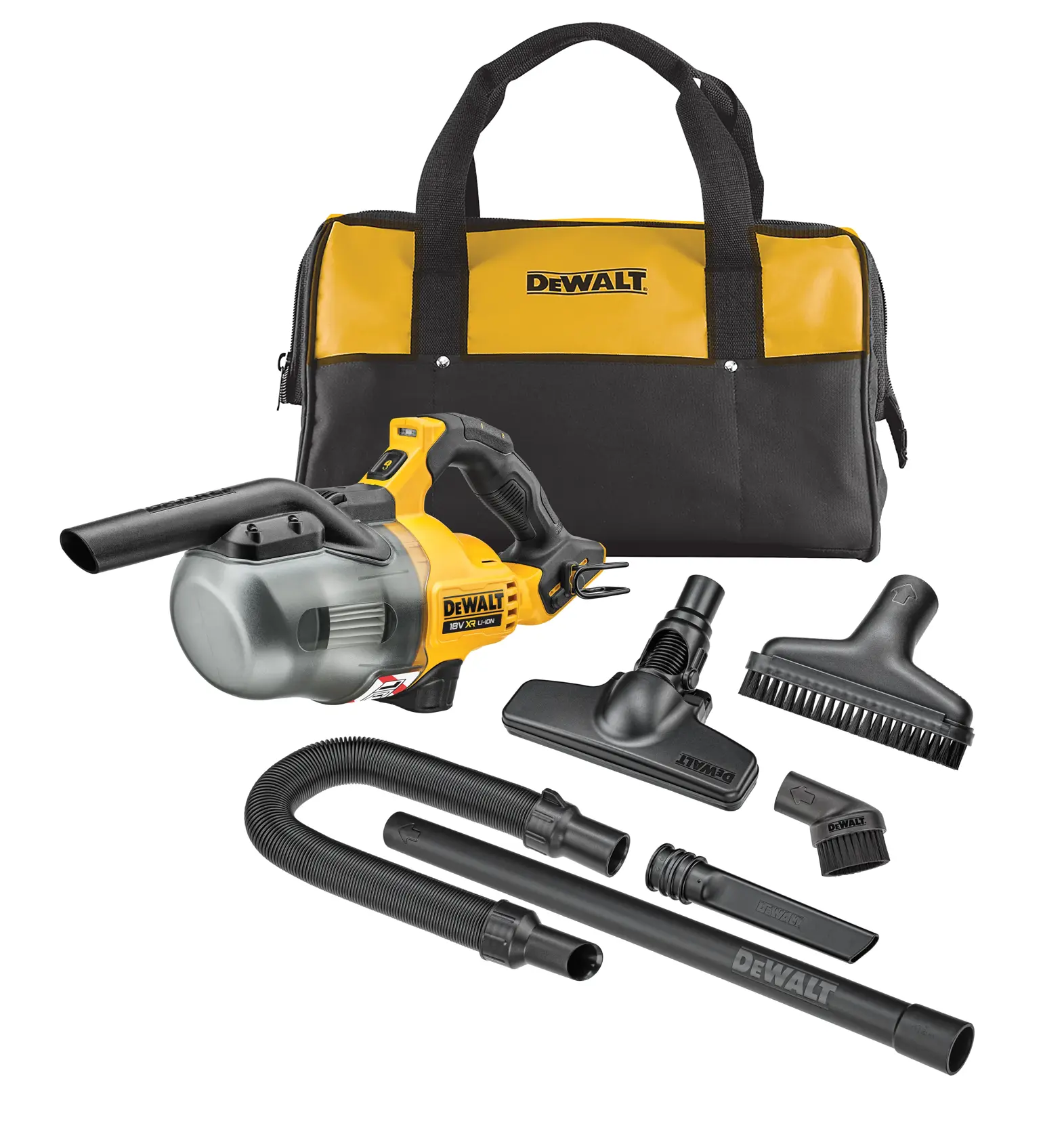 DEWALT Handstaubsauger-Kit mit gelb-schwarzem Staubsauger, mehreren Aufsätzen (Düse, Bürste, Schlauch, Verlängerungsrohre) und einer schwarz-gelben DEWALT Tragetasche auf weißem Hintergrund.