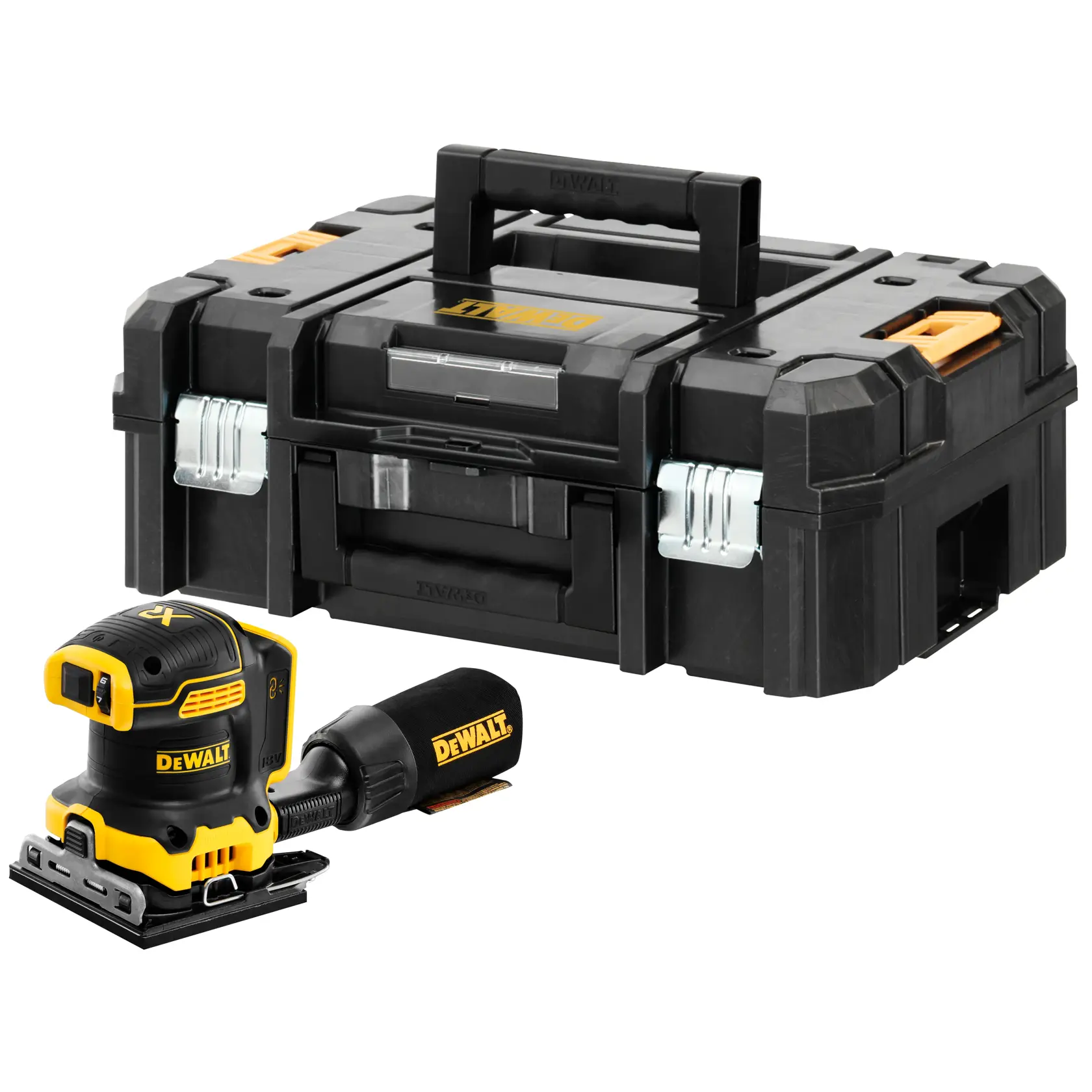 DEWALT Schleifmaschine mit Staubfang und schwarzem gelben Transportkoffer auf weißem Hintergrund.