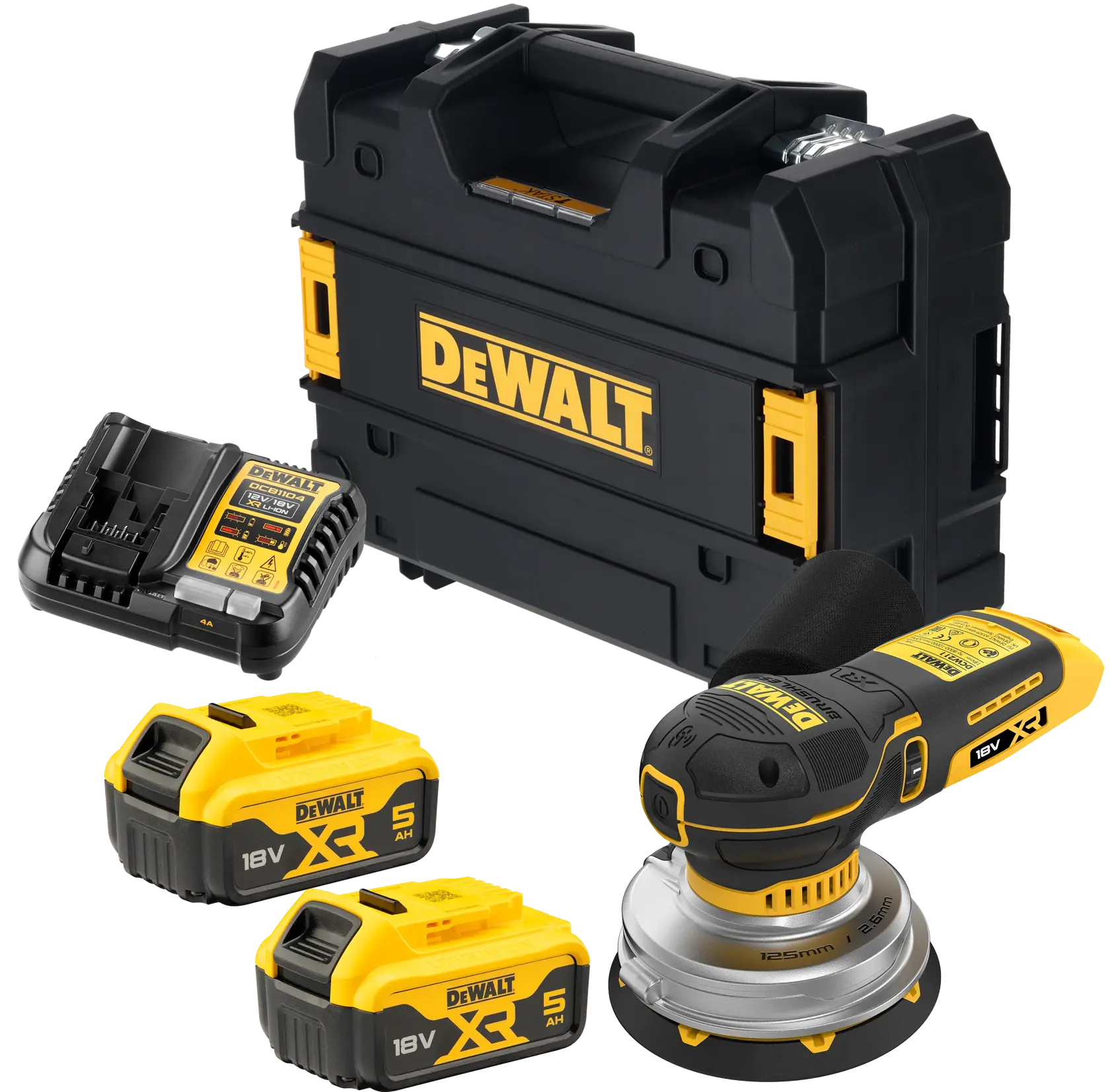 Kit ponceuse DEWALT sans fil, deux batteries 18V, chargeur et coffret de transport rigide.