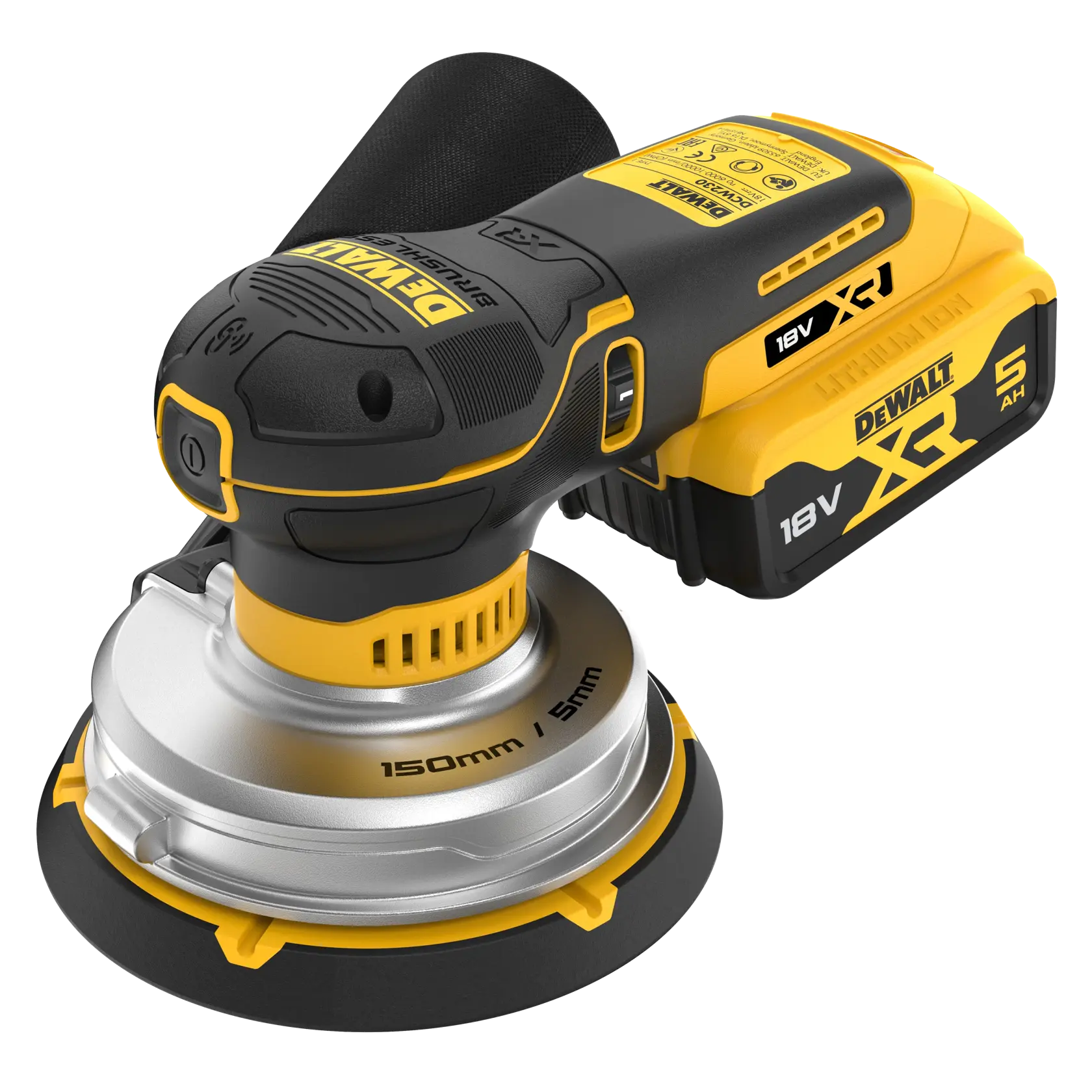 Akku-DEWALT 18V XR Schleifer mit 150mm Pad und Staubbeutel, in gelb-schwarz Nahaufnahme.