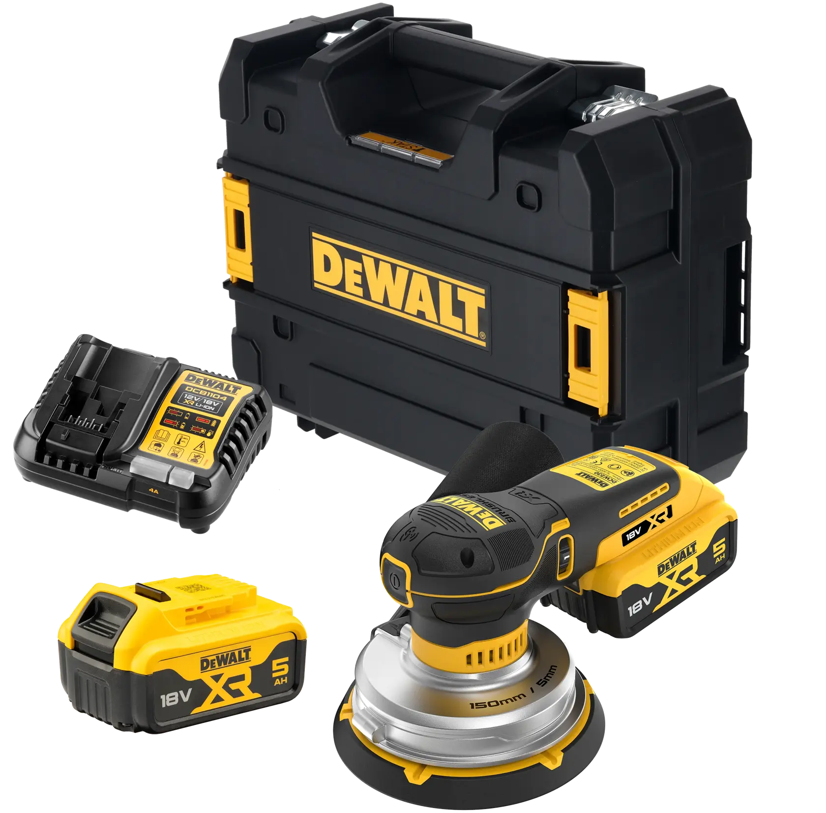 Kit ponceuse sans fil DEWALT avec batterie, chargeur et coffret de transport noir et jaune.