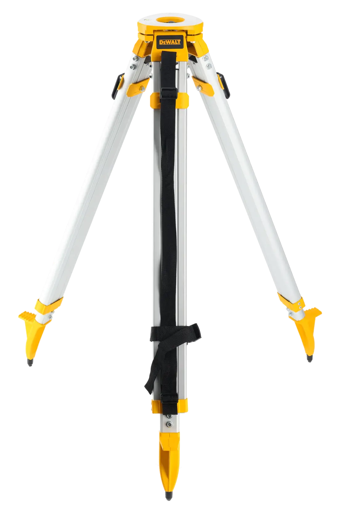 DEWALT Aluminiumstativ mit gelben Akzenten, drei Beinen und Trageriemen für Fotografie oder Vermessung.