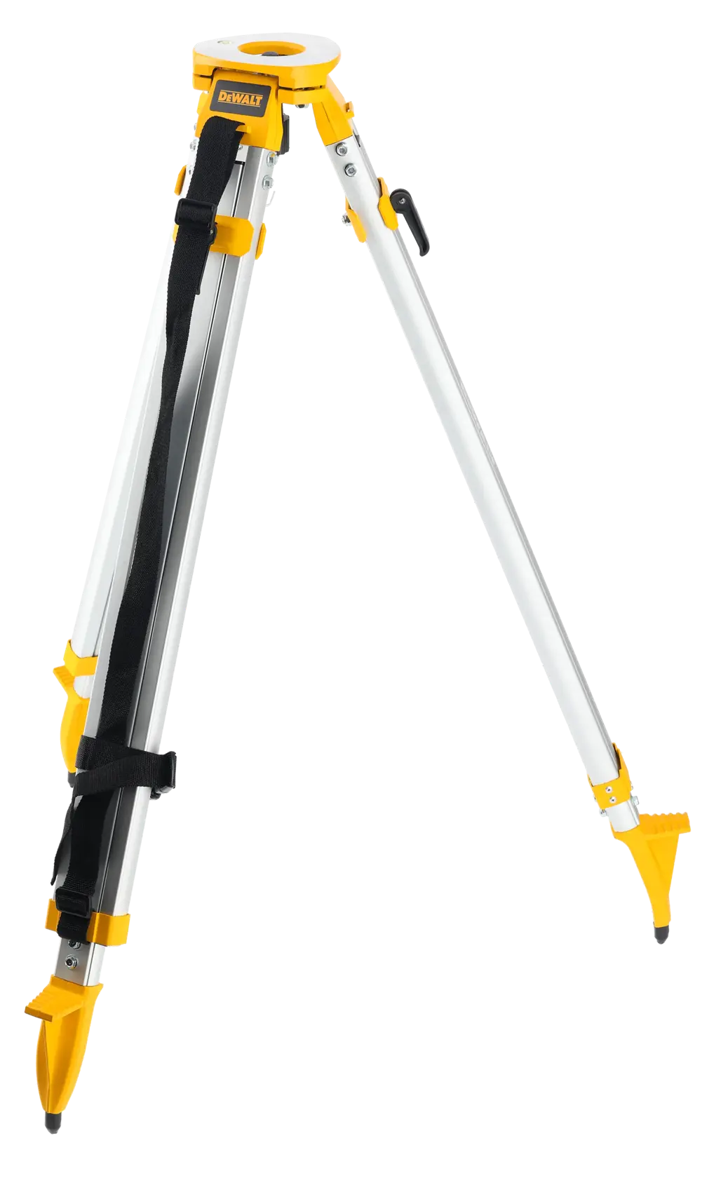 DEWALT Aluminium-Stativ mit verstellbaren Beinen und Gurt, geeignet für Fotografie oder Vermessungsgeräte.