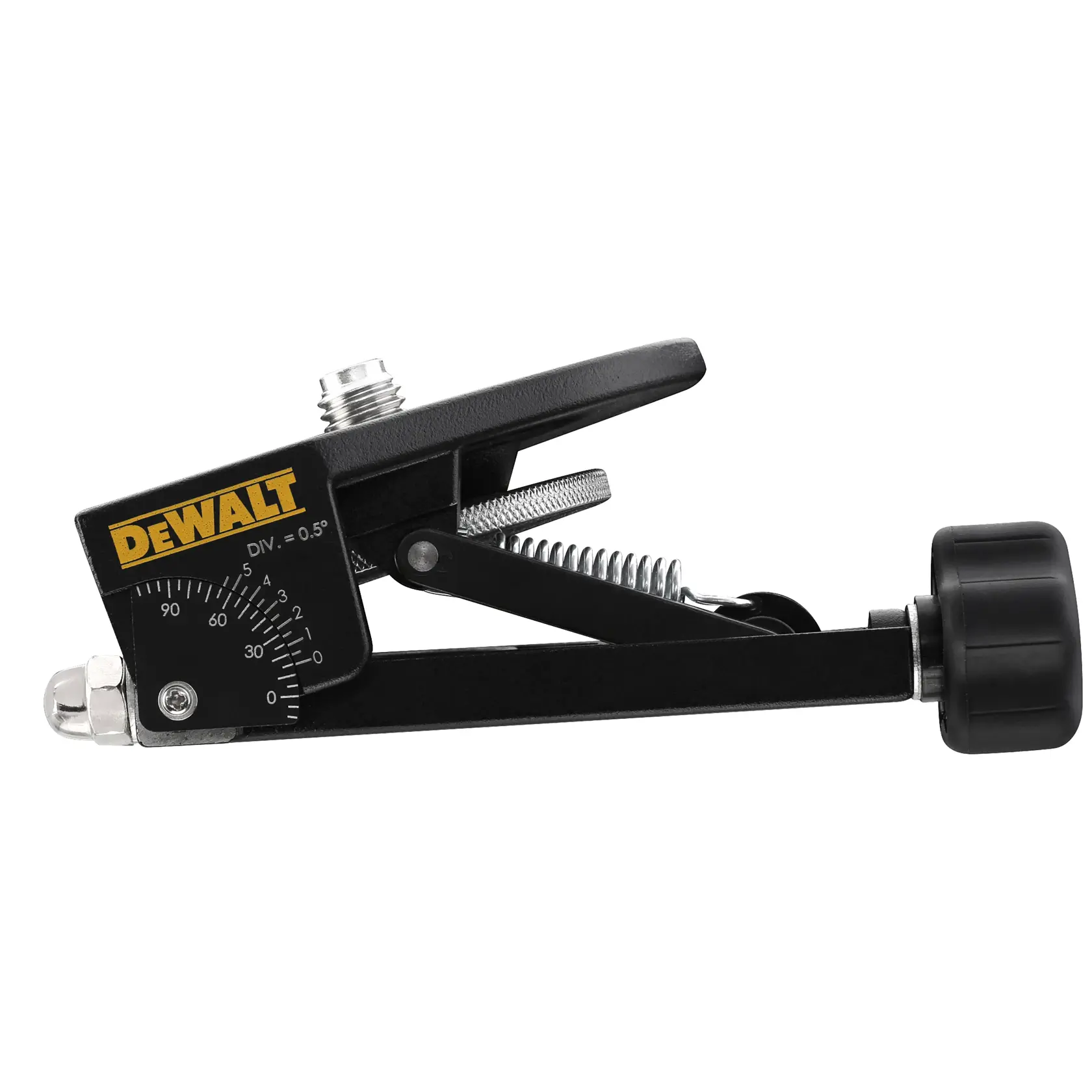 DEWALT-Winkelverstellklemme für Fotografie, schwarzes Metall mit Skala und Federmechanismus.