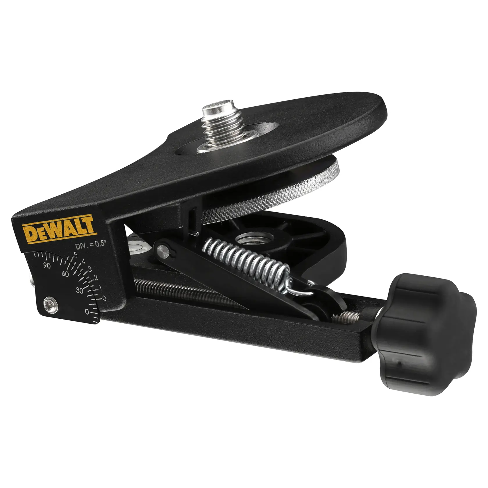 DEWALT verstellbare Halterung mit Feder und Drehknopf, für Kamera oder Laser-Nivelliergerät, schwarz.