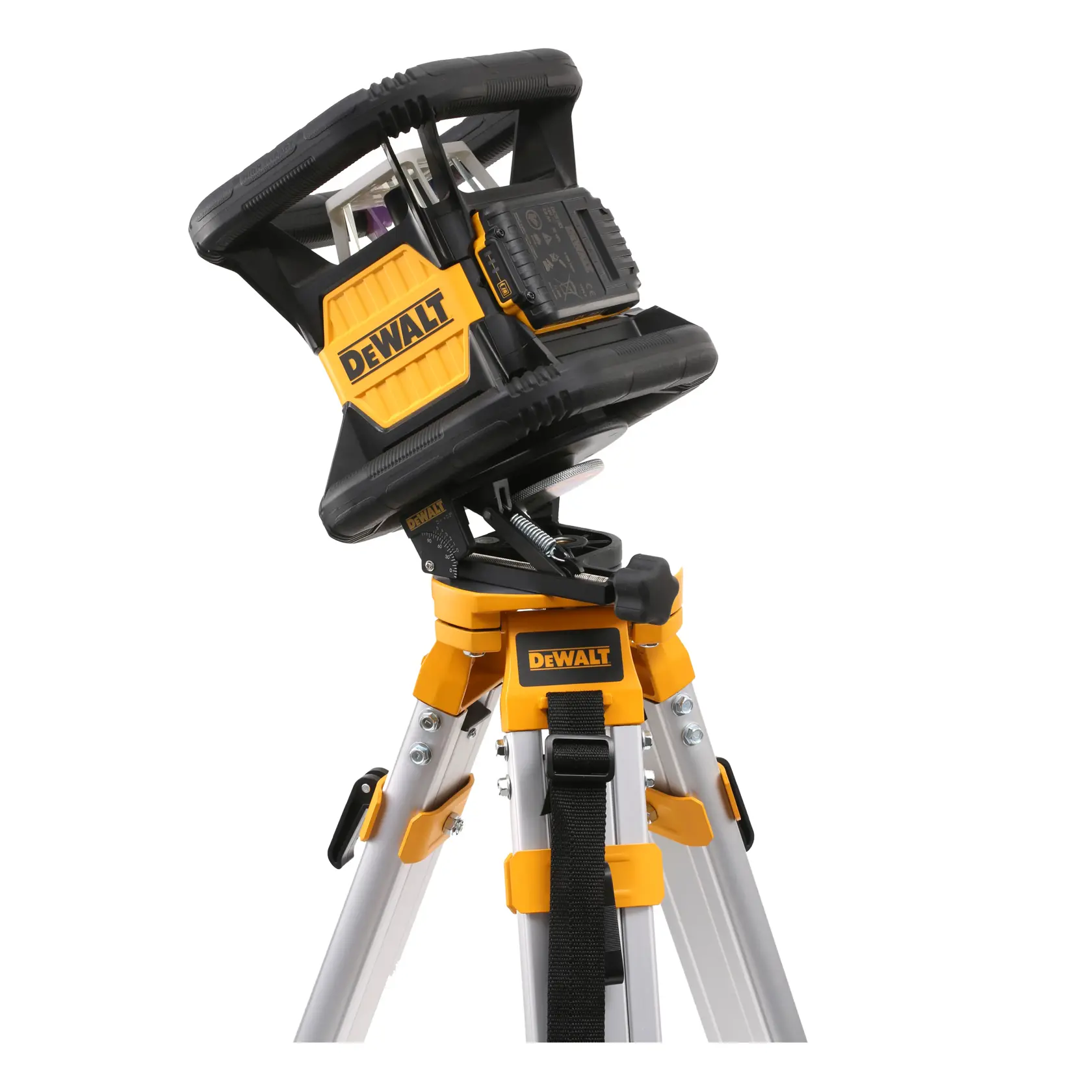 DEWALT Lasergerät auf Stativ mit verstellbarem Kopf im gelb-schwarzen Design.