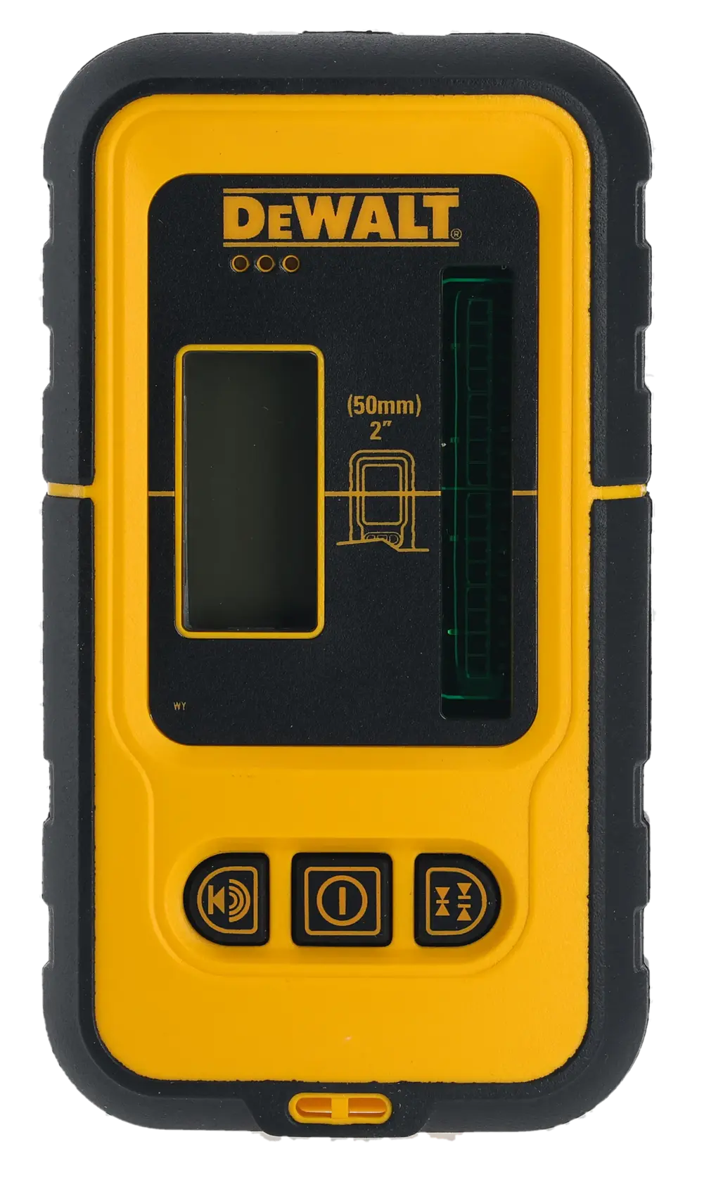 DEWALT DE0892G gelb-schwarzer Laserempfänger für digitale Messung, mit Tasten und Display.