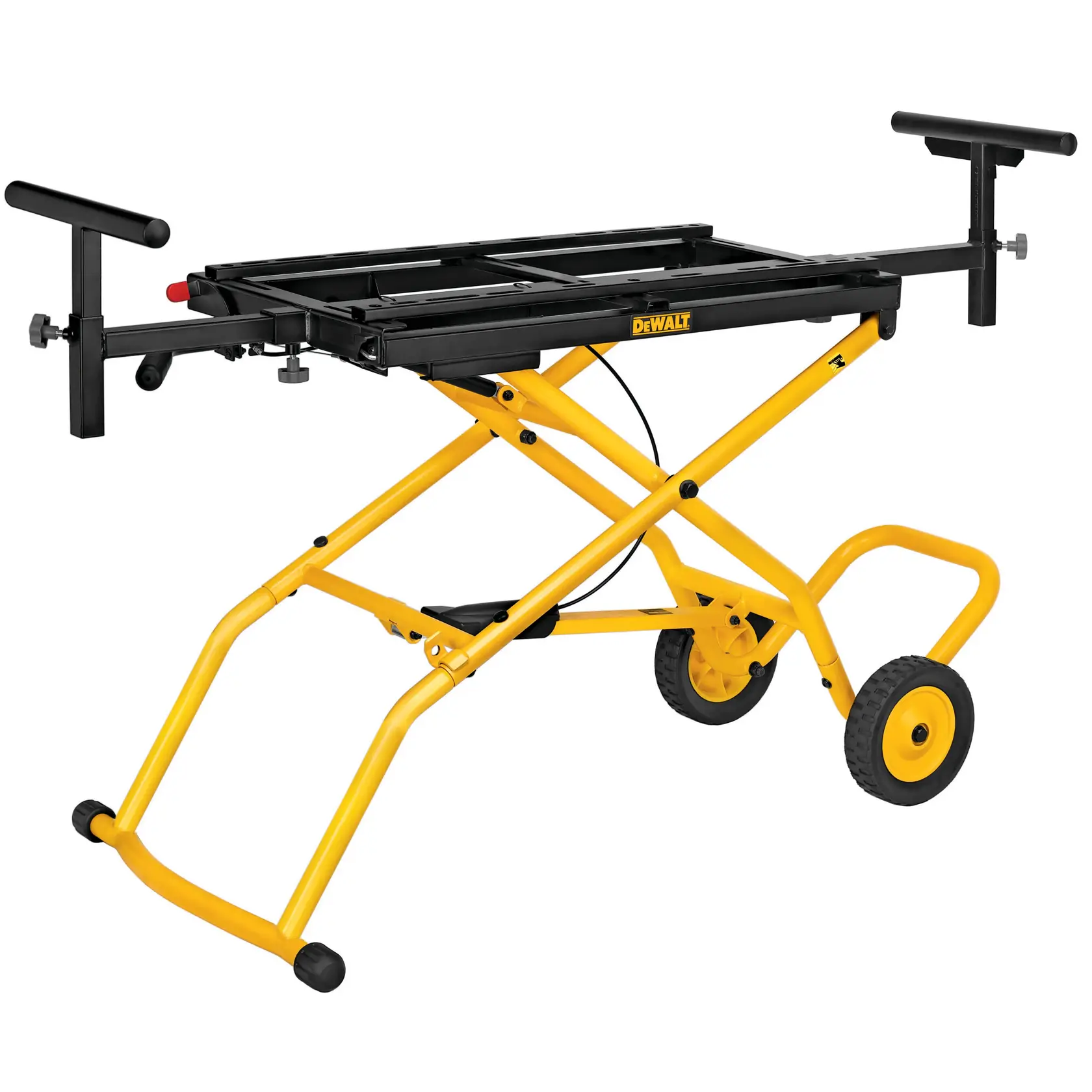 Gelber DEWALT Rollständer mit verstellbaren Armen zur Montage und Unterstützung von Elektrowerkzeugen.