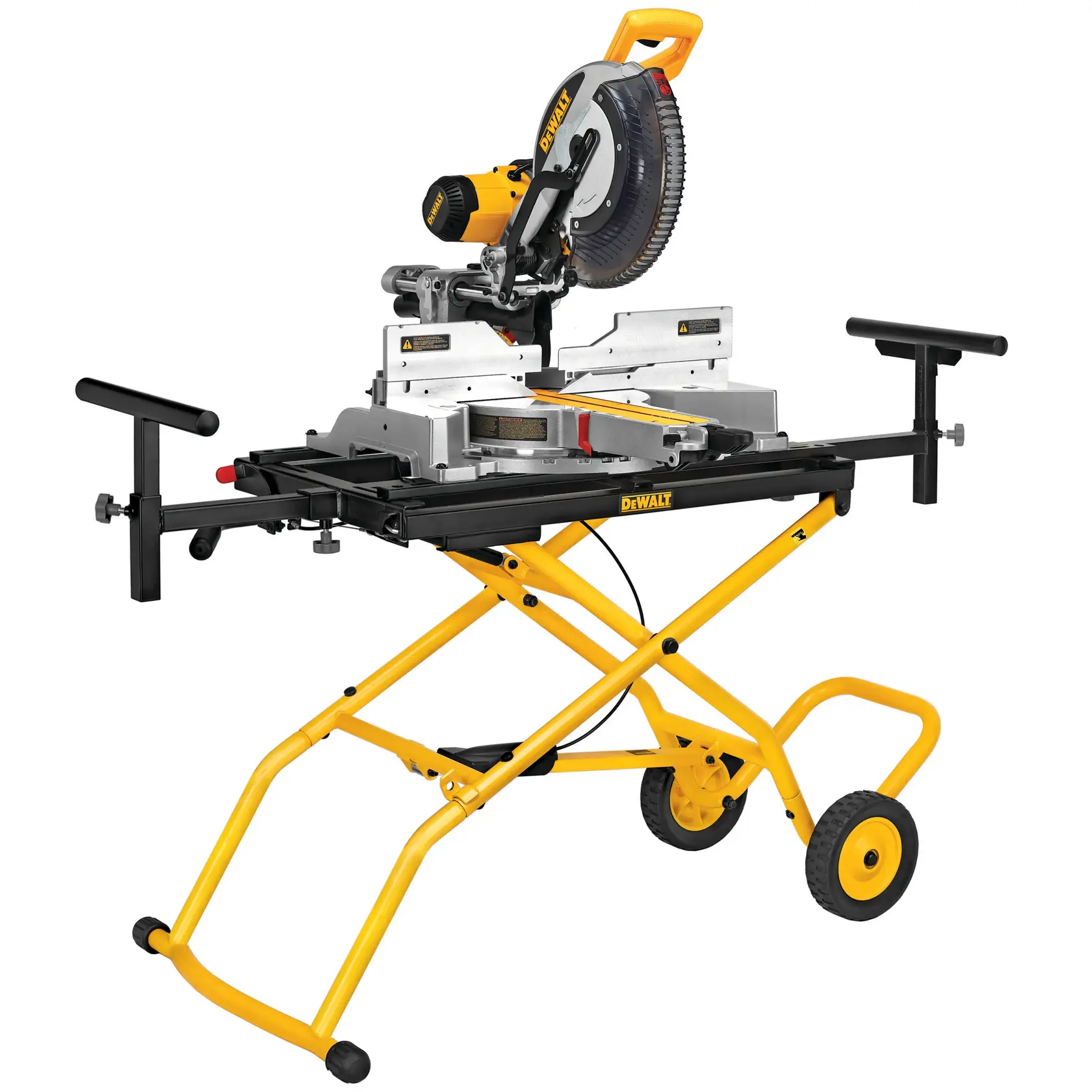 DEWALT DE7260 Gehrungssägeständer mit gelbem Rahmen und Rädern für mobilen Werkzeugsupport.