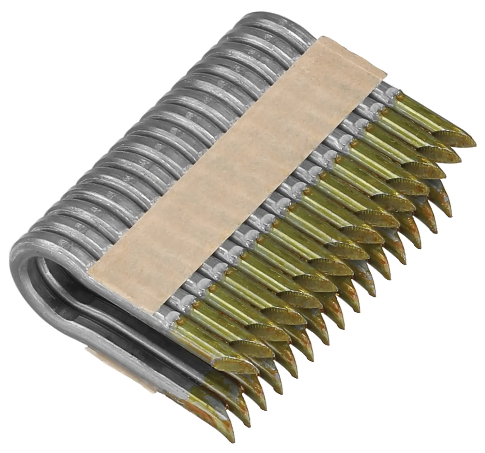 Nahaufnahme eines Bündels DEWALT befestigter Nägel, die in einer Reihe mit metallischem Finish und spitzen Enden angeordnet sind und durch einen Papierstreifen zusammengehalten werden.