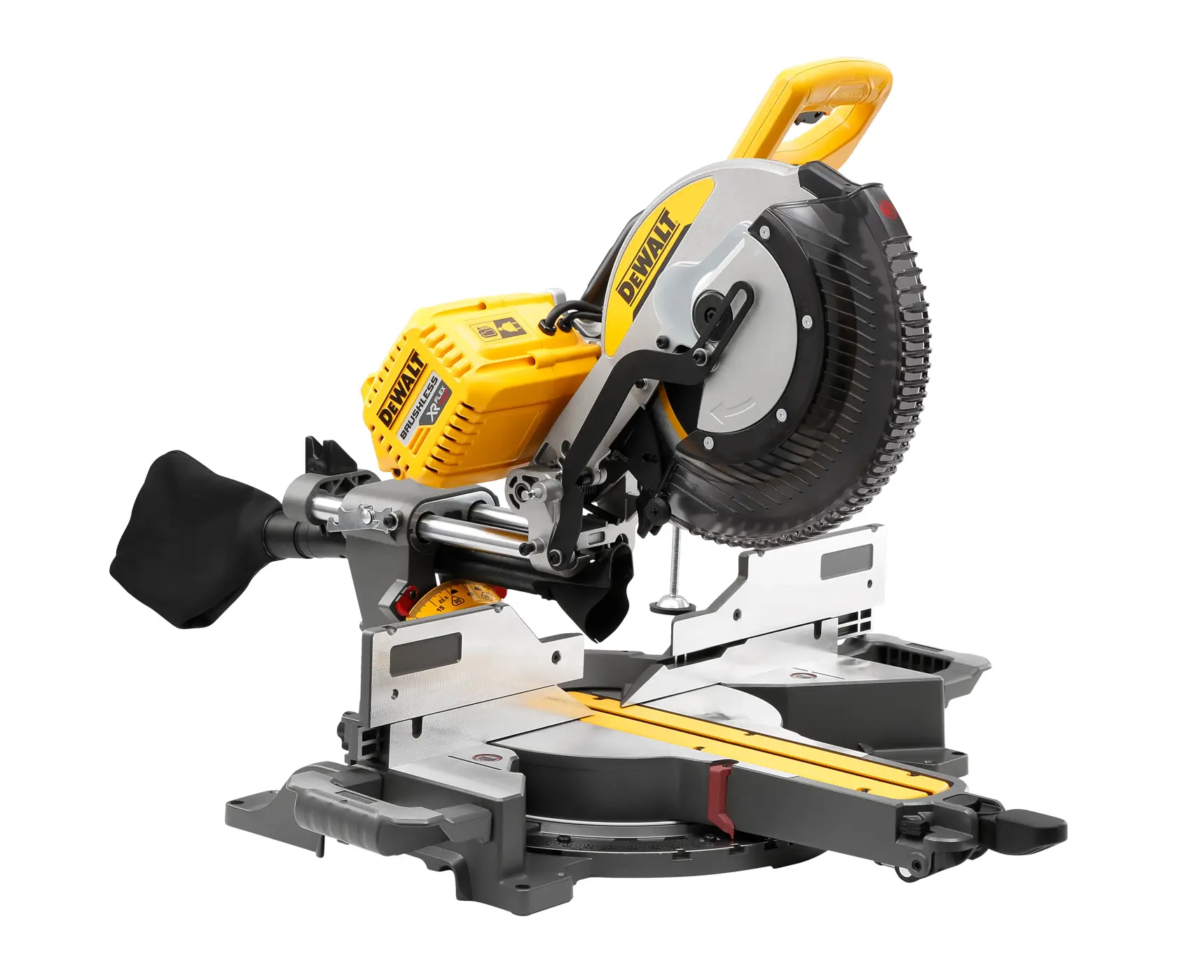 Eine gelb-schwarze DEWALT DHS780N Kappsäge mit Schiebefunktion, dargestellt auf weißem Hintergrund. Die Säge verfügt über eine stabile Basis, einen Staubauffangbeutel und einen verstellbaren Arm für präzises Schneiden.