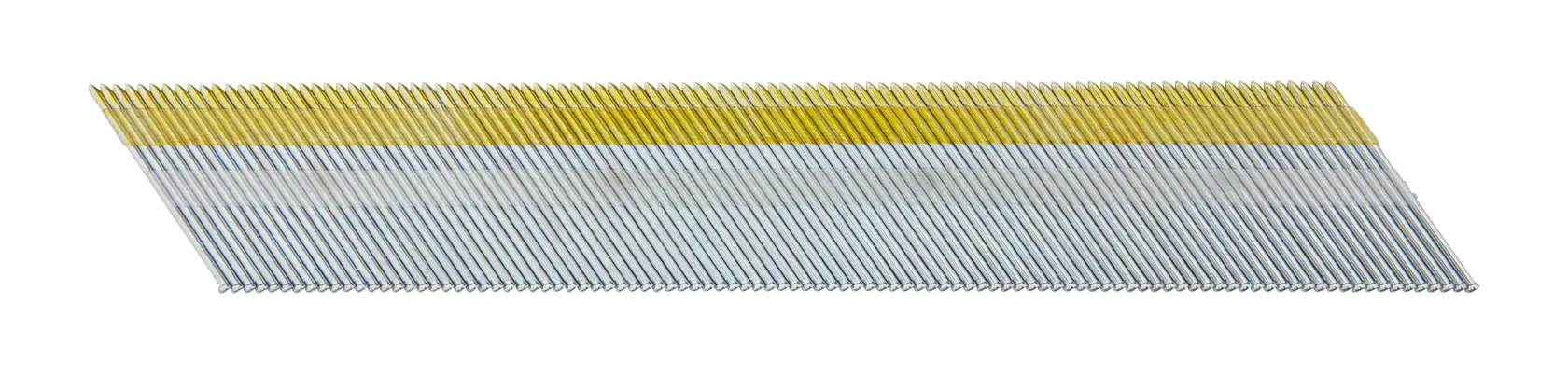 Streifen abgewinkelter Metallnägel mit gelbem Band für Nagelpistole, vor weißem Hintergrund gezeigt.