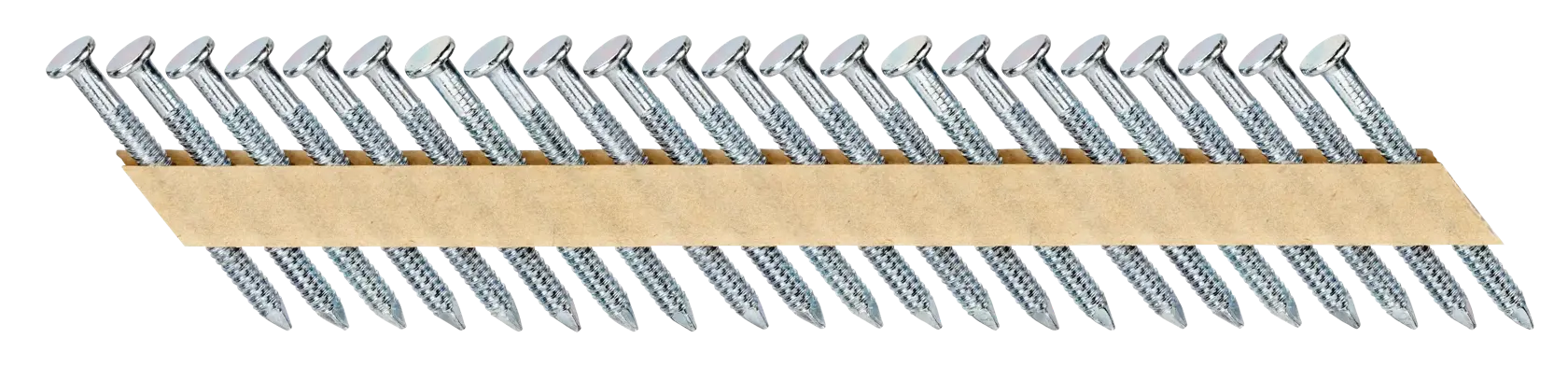 Ein Streifen DEWALT Rahmennägel, schräg angeordnet und von Papierband gehalten.