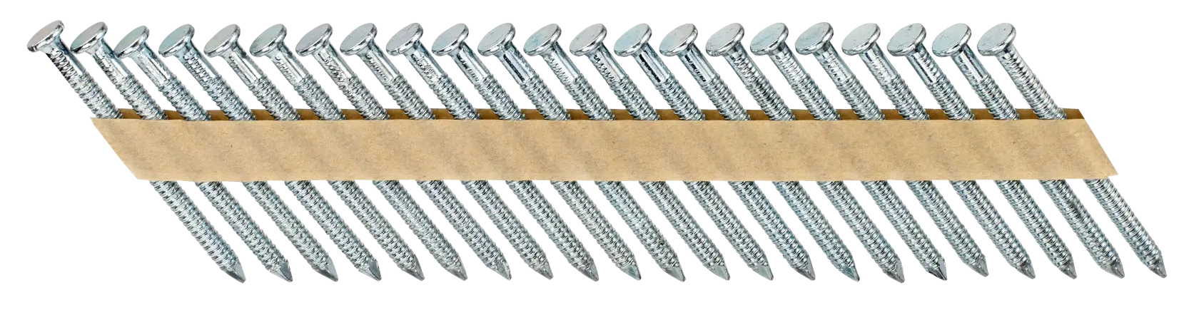 Streifen mit verbundenen Metallnägeln, diagonal angeordnet und durch braunen Papierstreifen für Nagelpistolen gehalten.