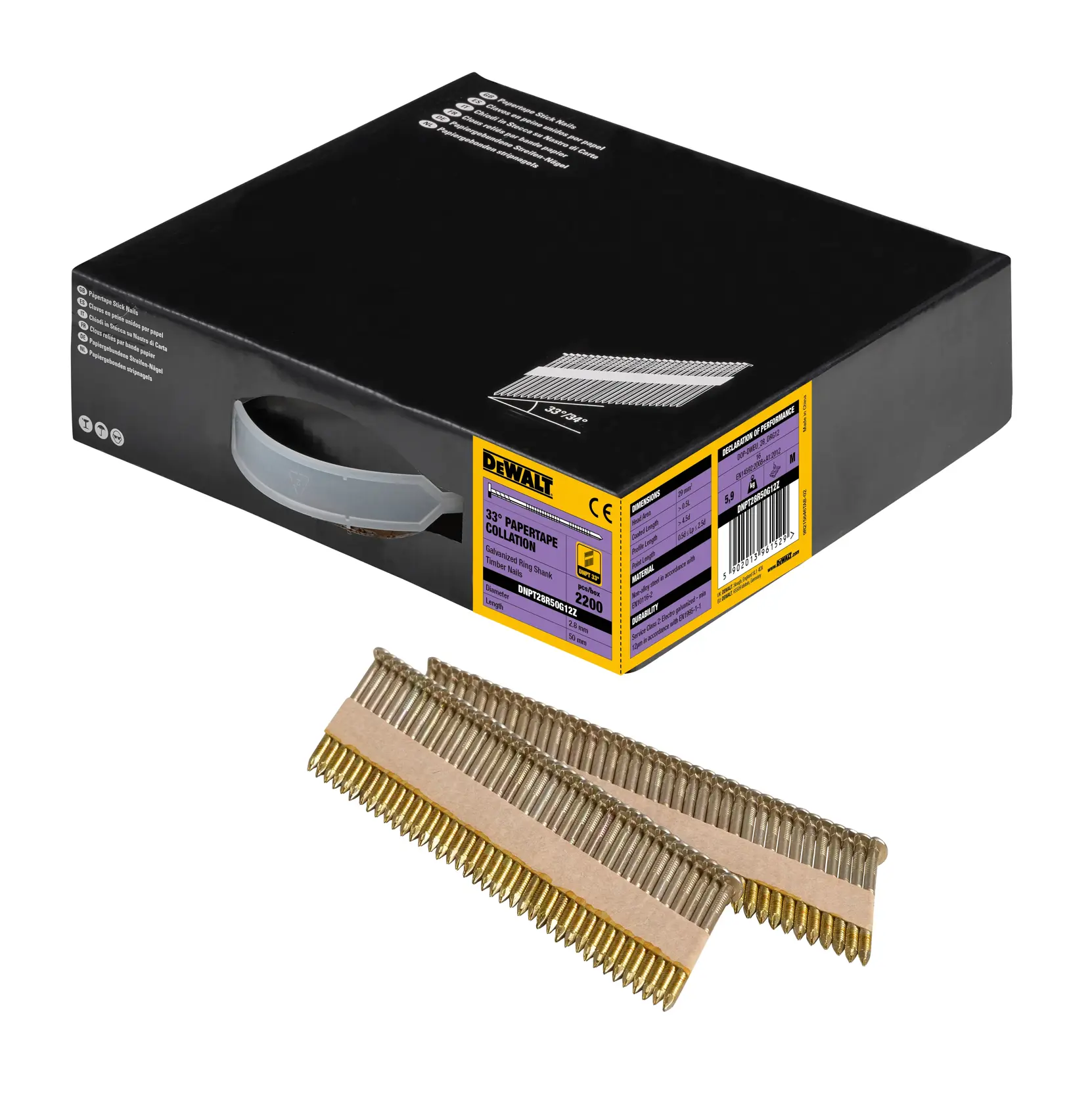 DEWALT Nagelbox mit vorne liegenden papierverklebten Nagelstreifen.