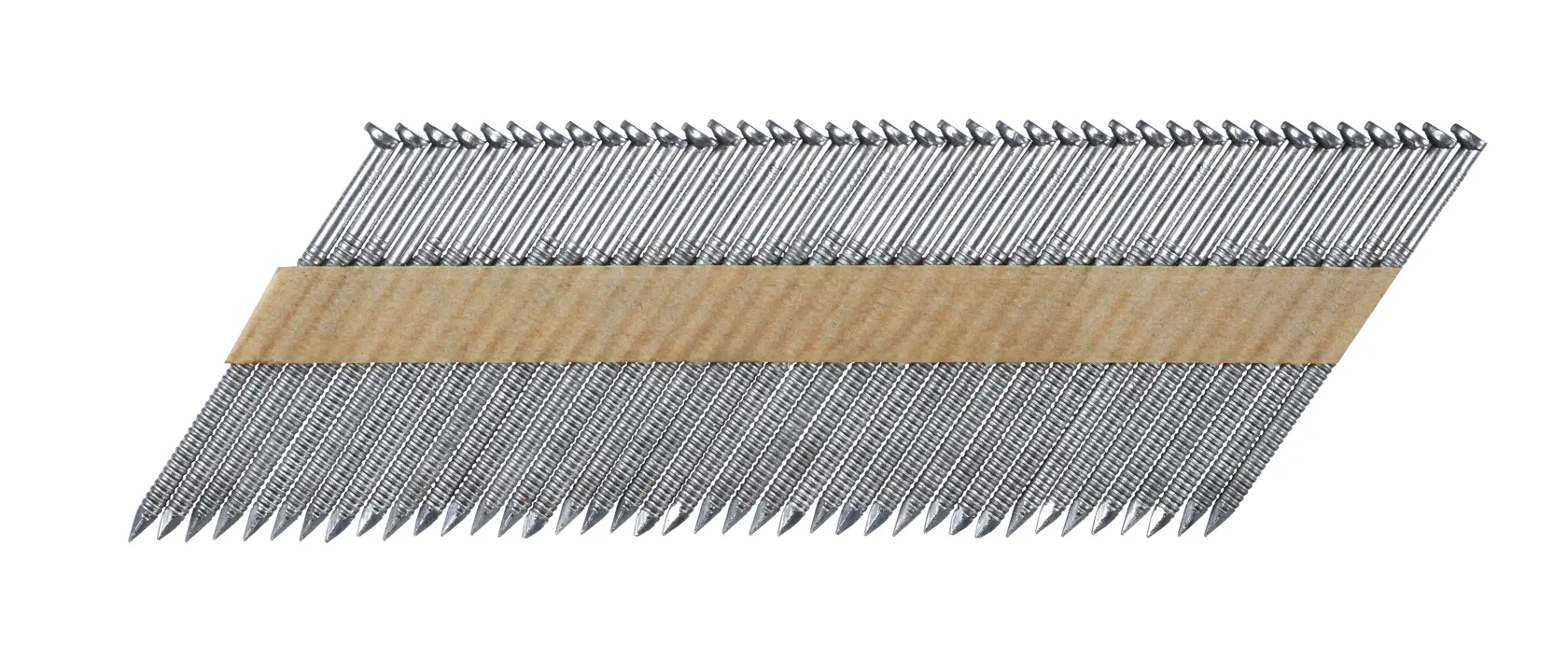 Schräges Band aus zusammengestellten Metallnägeln, mit Papierstreifen für Nagelpistolen.