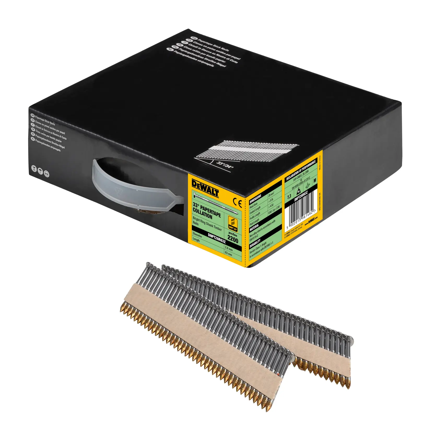 DEWALT Box mit 23° Papierstreifen-Nägeln, Nagelstreifen vor der Verpackung.