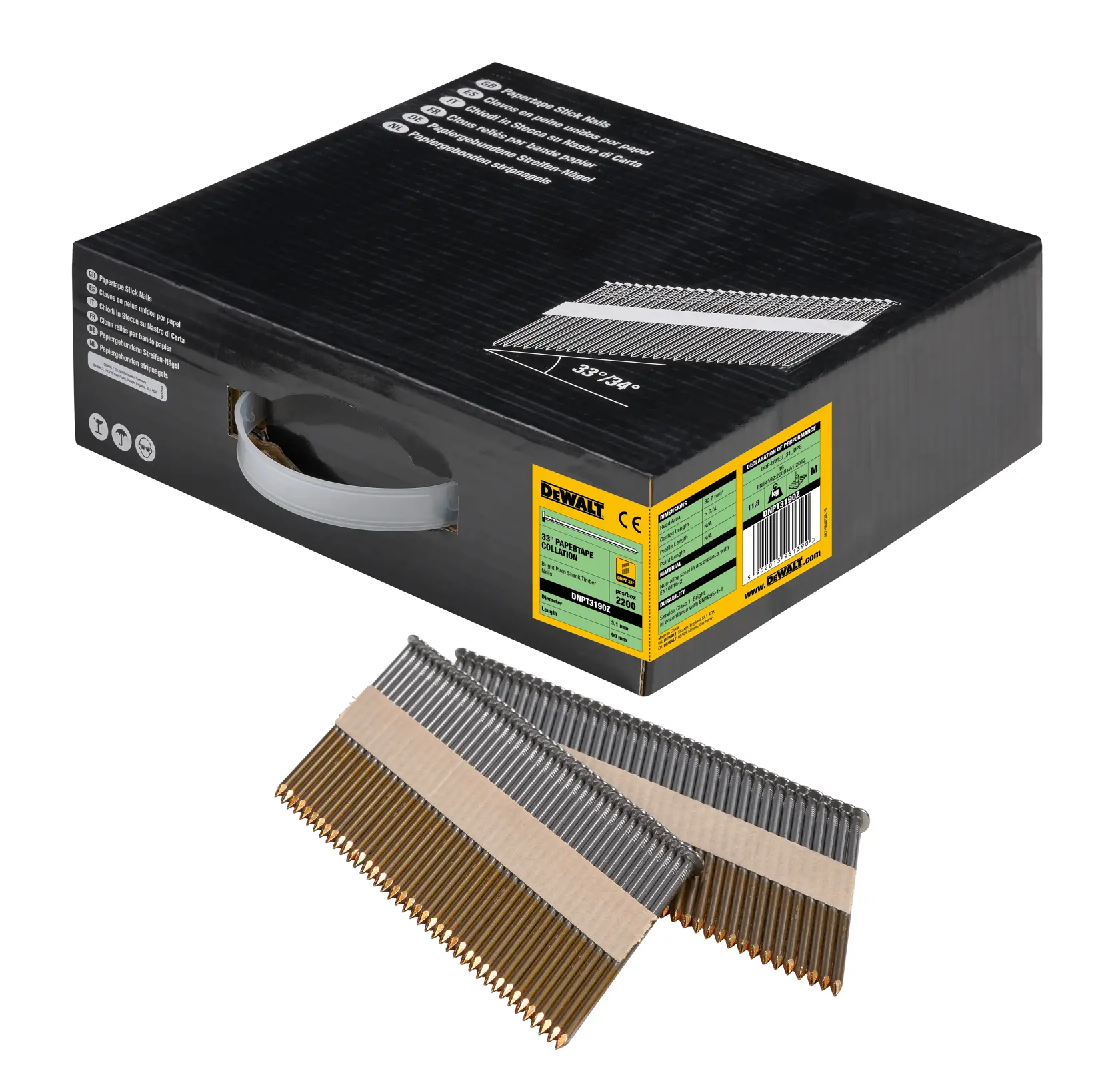 DEWALT-Nagelbox für Fotografie, zwei Nagelstreifen außerhalb der Verpackung.