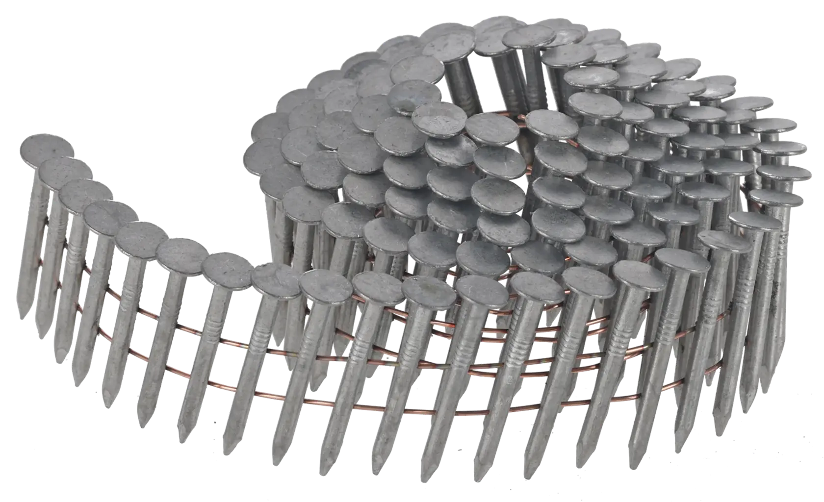 Spiralrolle mit verzinkten Nägeln für Nagelpistolen, verwendet beim Bau und in der Holzverarbeitung.