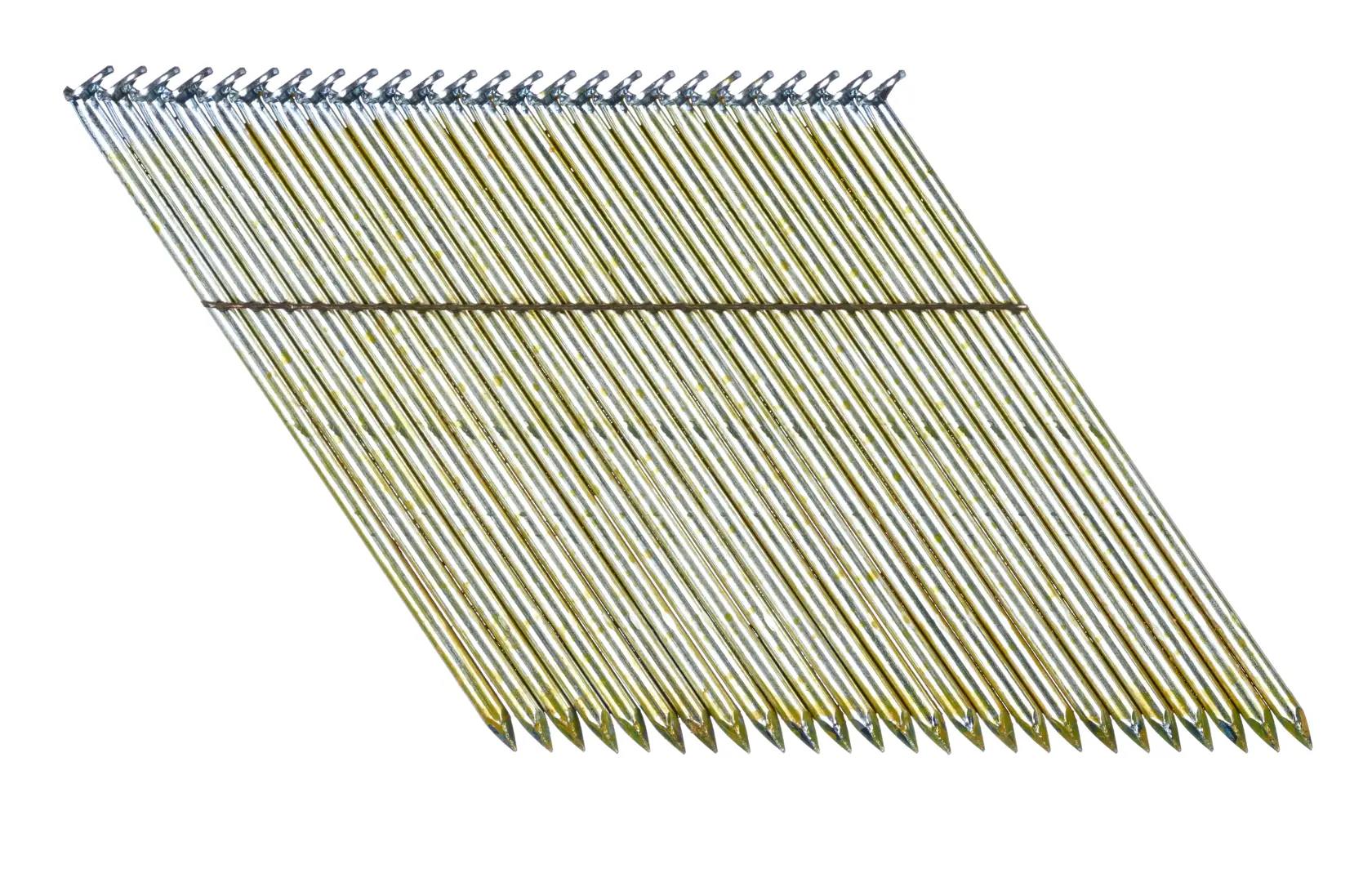 Schräger Streifen Metallnägel für Nagelpistole, in Reihe angeordnet und durch Draht verbunden.