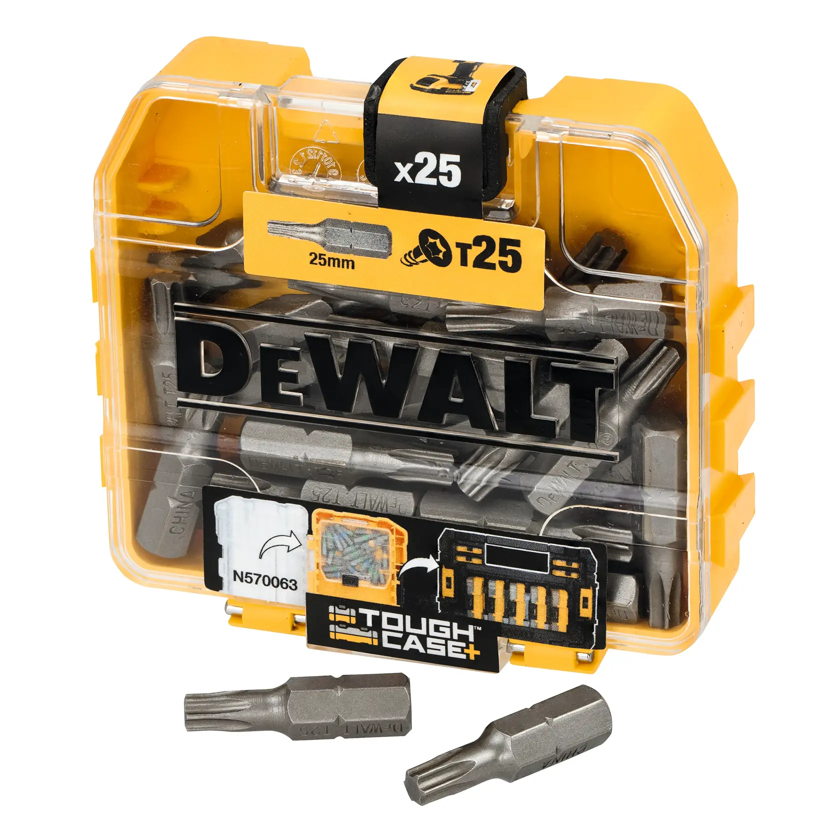 DEWALT Tough Case mit 25 T25 25mm Schrauberbits. Gelbe transparente Box mit sichtbaren Bits.