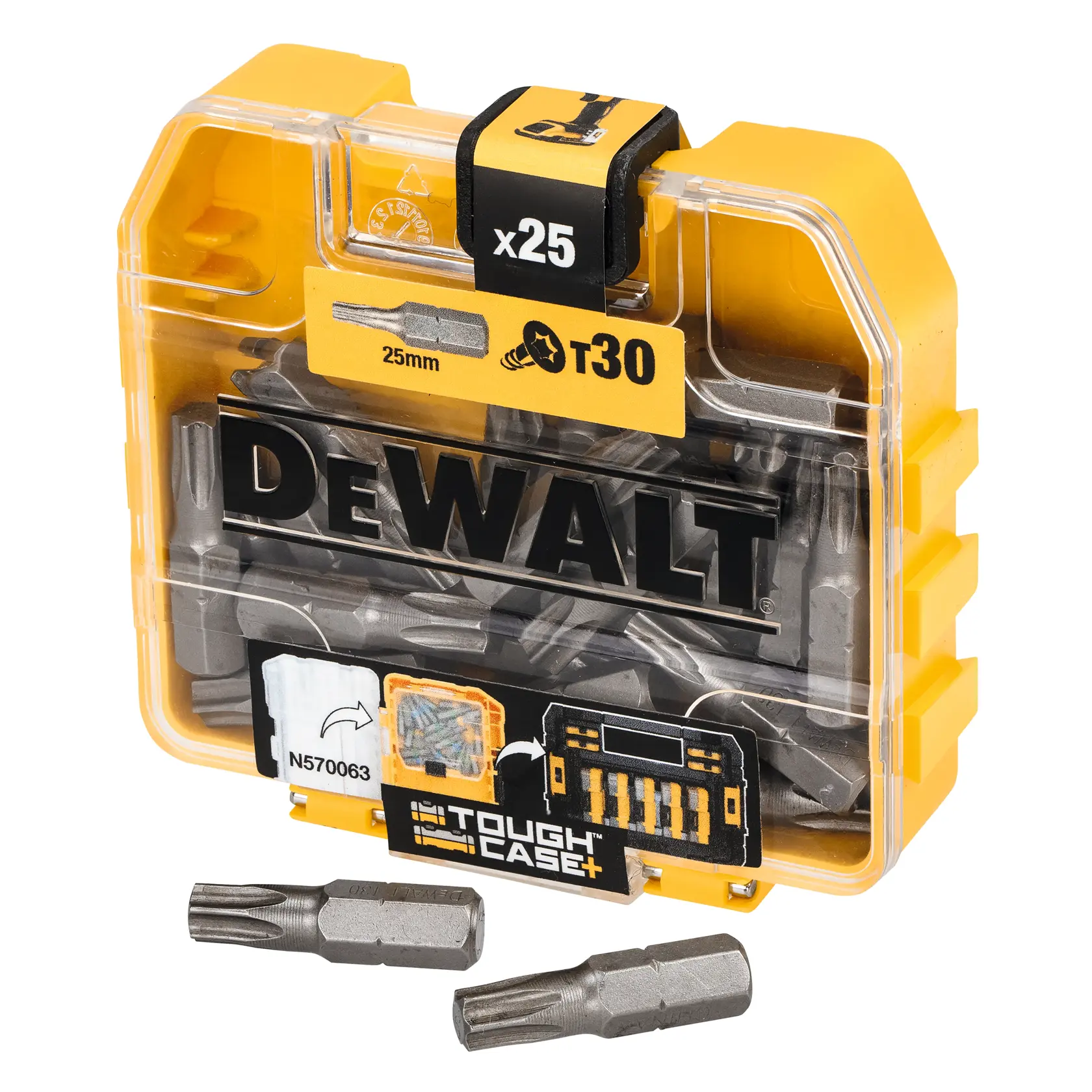 DEWALT DP44 ToughCase Set mit 25 T30 25mm Schrauberbits in gelber Kunststoffbox.