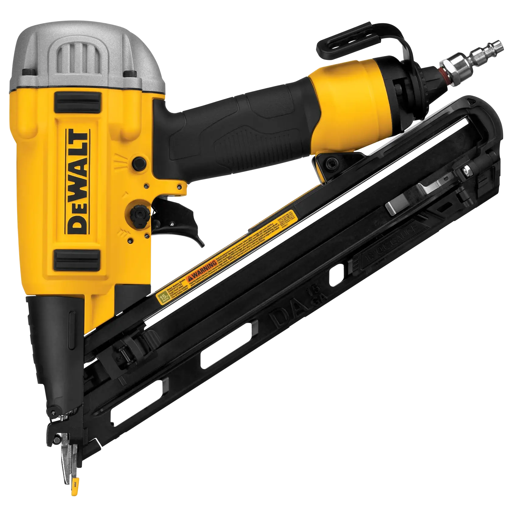 DEWALT pneumatischer Nagler, gelb-schwarz, mit schrägem Magazin für Nägel.