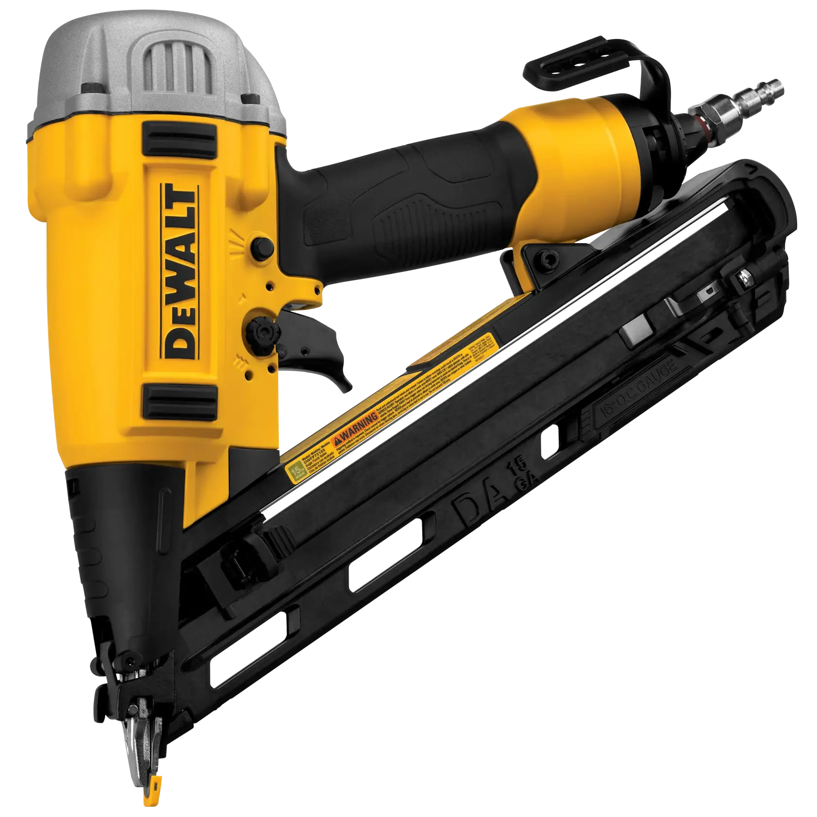DEWALT gelb-schwarze, abgewinkelte pneumatische Nagelpistole mit Abzug und Luftanschluss.