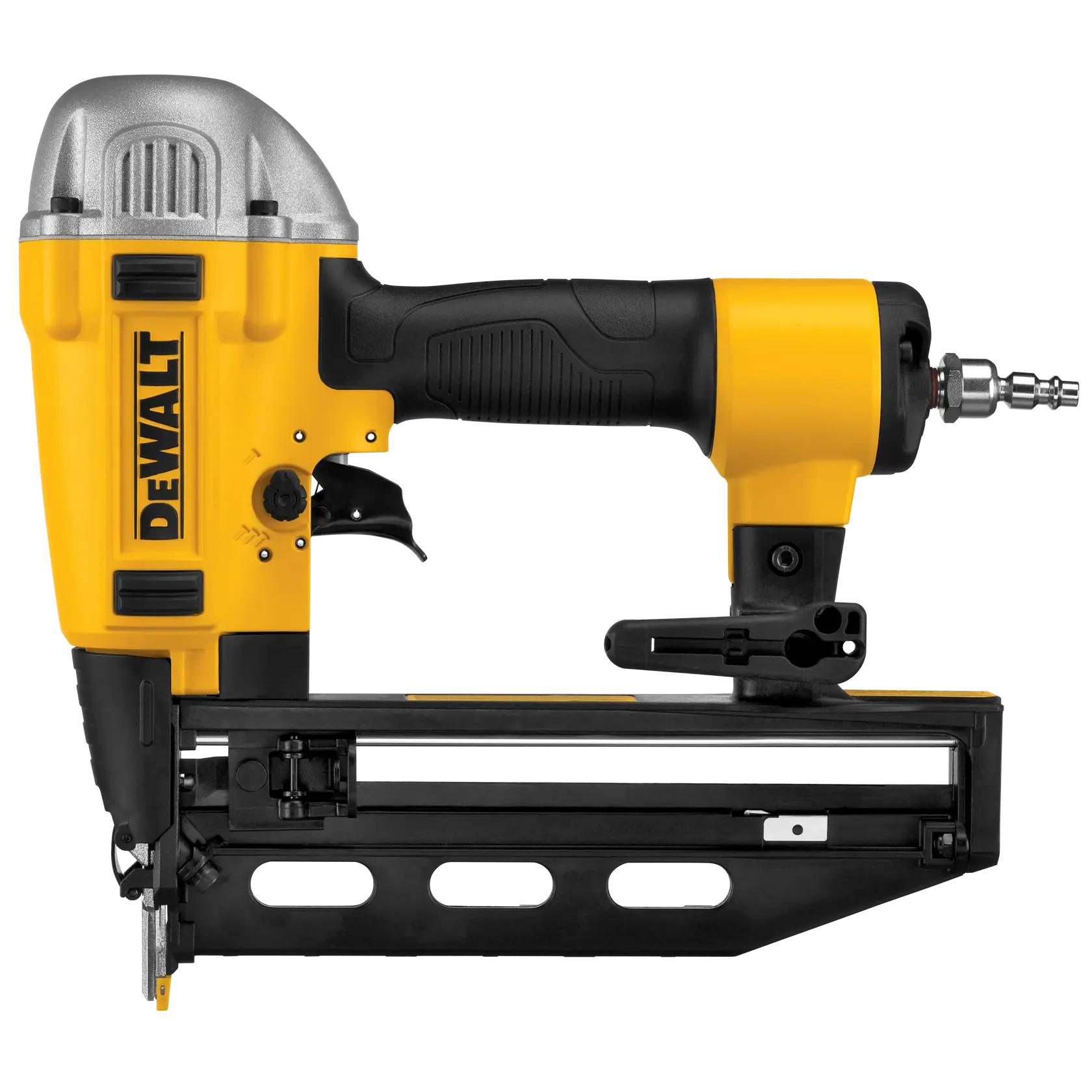 DEWALT pneumatischer Nagler in Gelb und Schwarz, zum Nageln in Holz und Bauarbeiten verwendet.