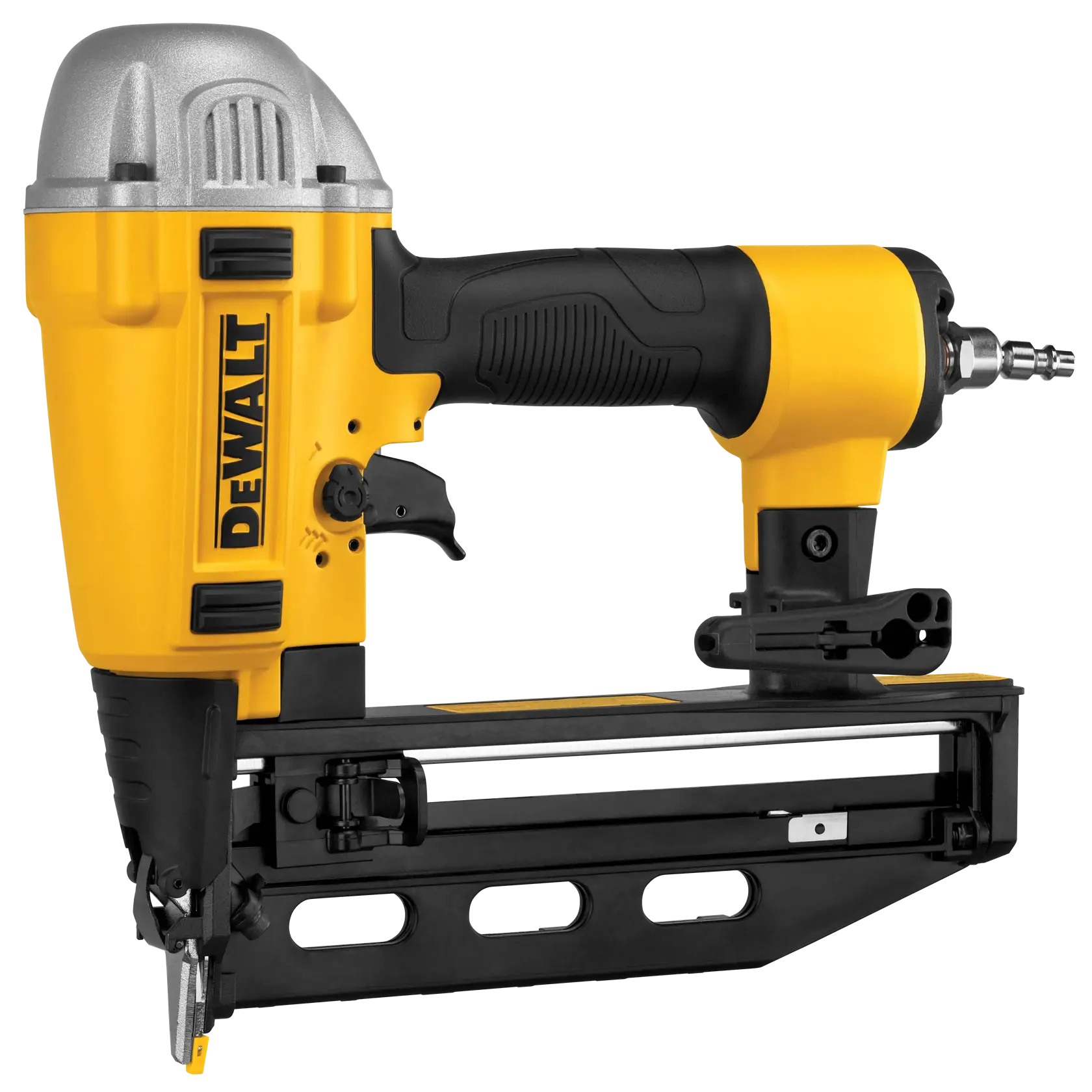 DEWALT pneumatischer Nagler, gelb und schwarz, Seitenansicht mit Griff und Luftanschluss.