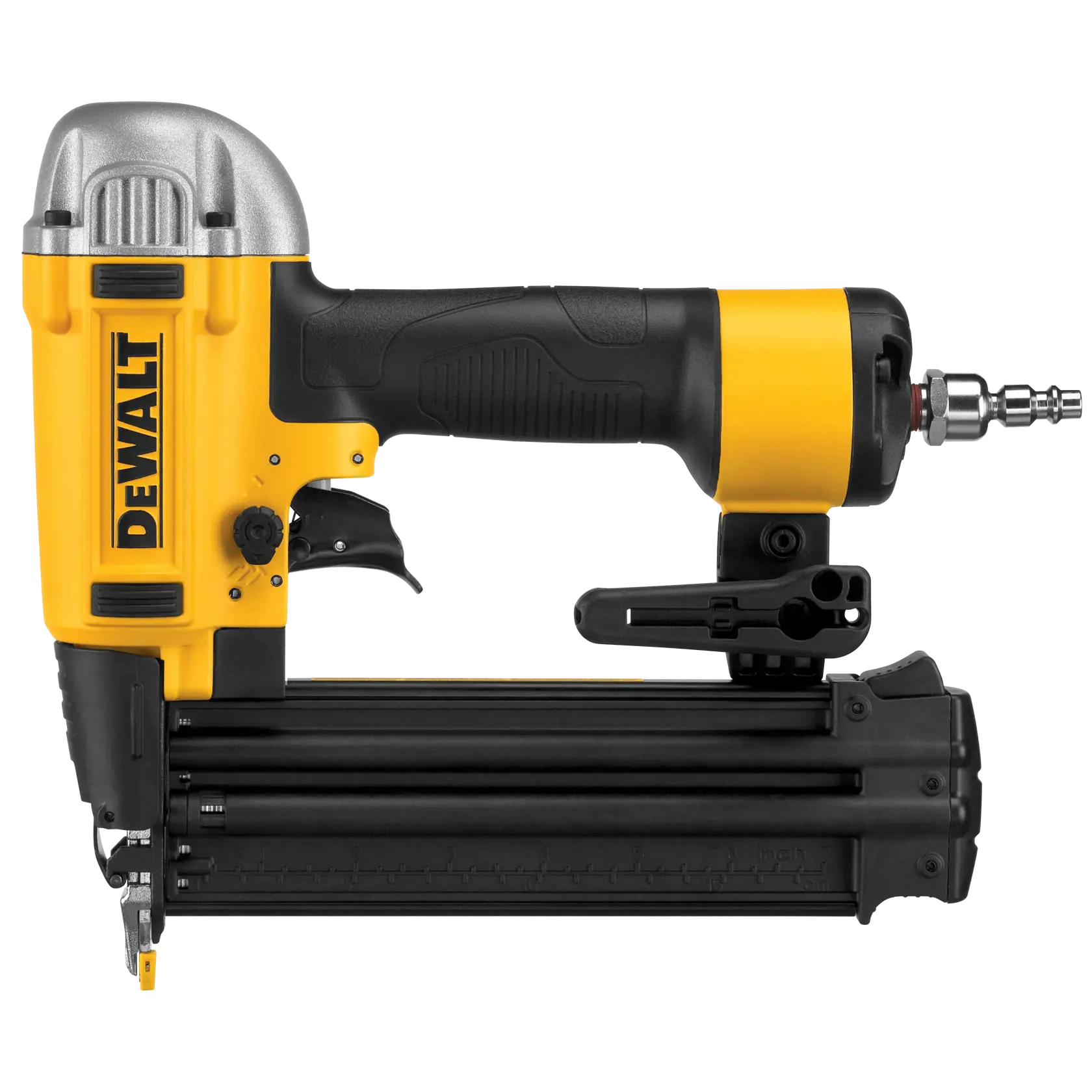 DEWALT pneumatische Nagelpistole, gelb-schwarz, Seitenansicht mit Logo und Luftanschluss.