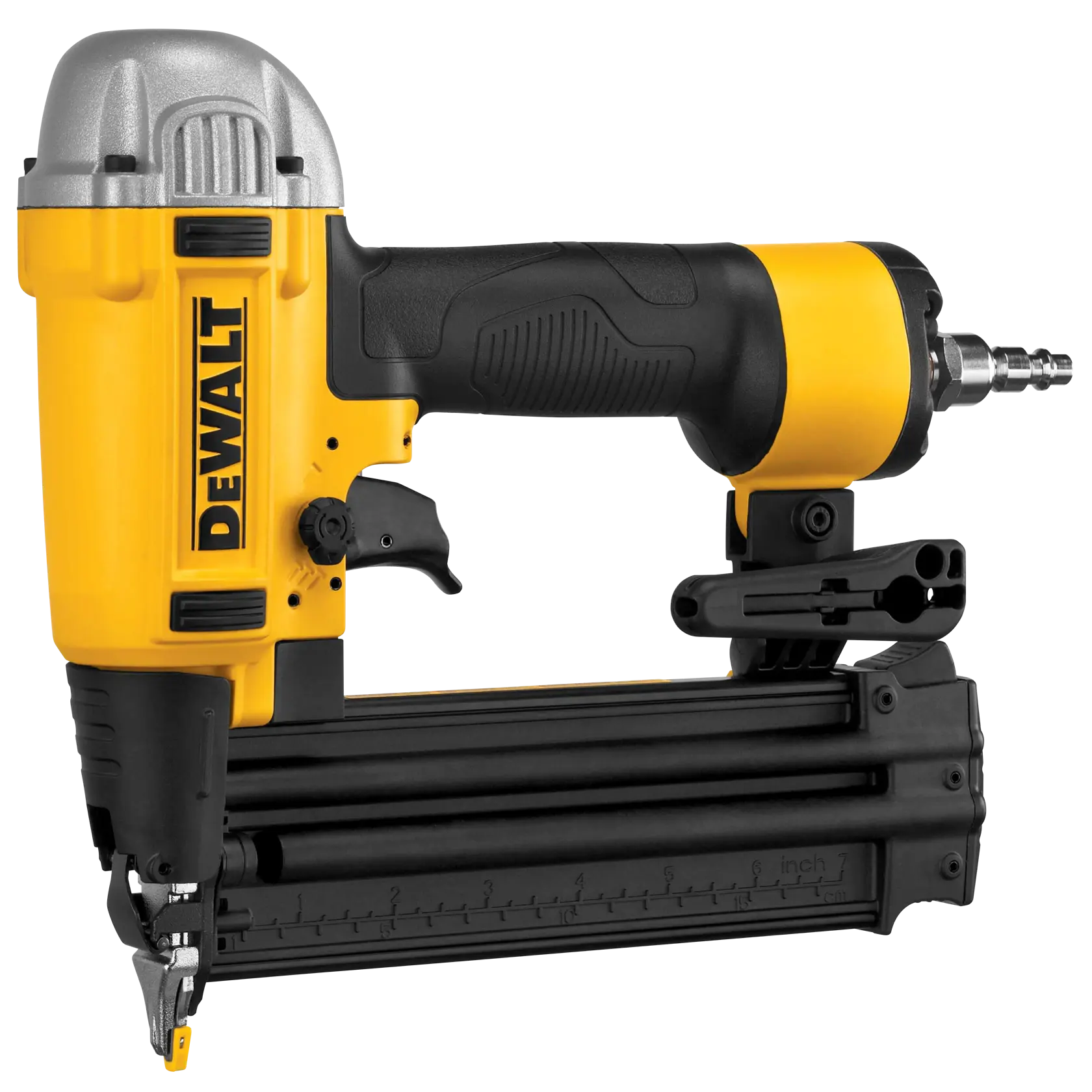 DEWALT pneumatischer Nagler mit gelb-schwarzem Gehäuse und Metallteilen für präzise Arbeiten.