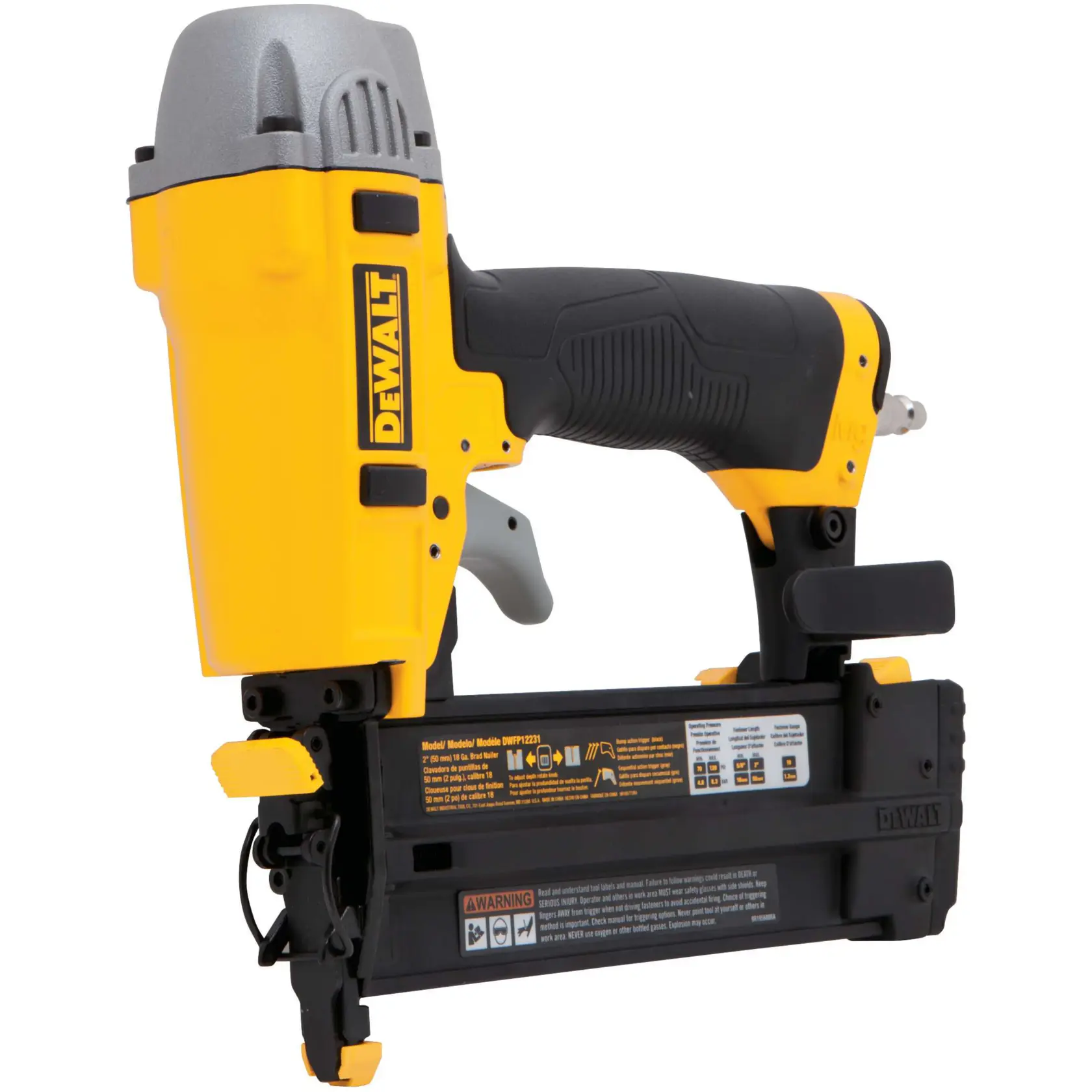 DEWALT Nagelpistole, gelb/schwarz. SKUs DPSSX38, DPSSX38-XJ. Kategorie Fotografie. Seitenansicht.