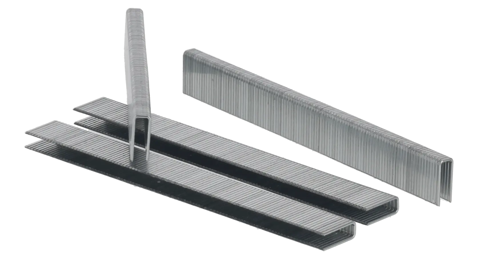 Nahaufnahme mehrerer DEWALT Metallklammerstreifen, auf weißem Untergrund angeordnet.