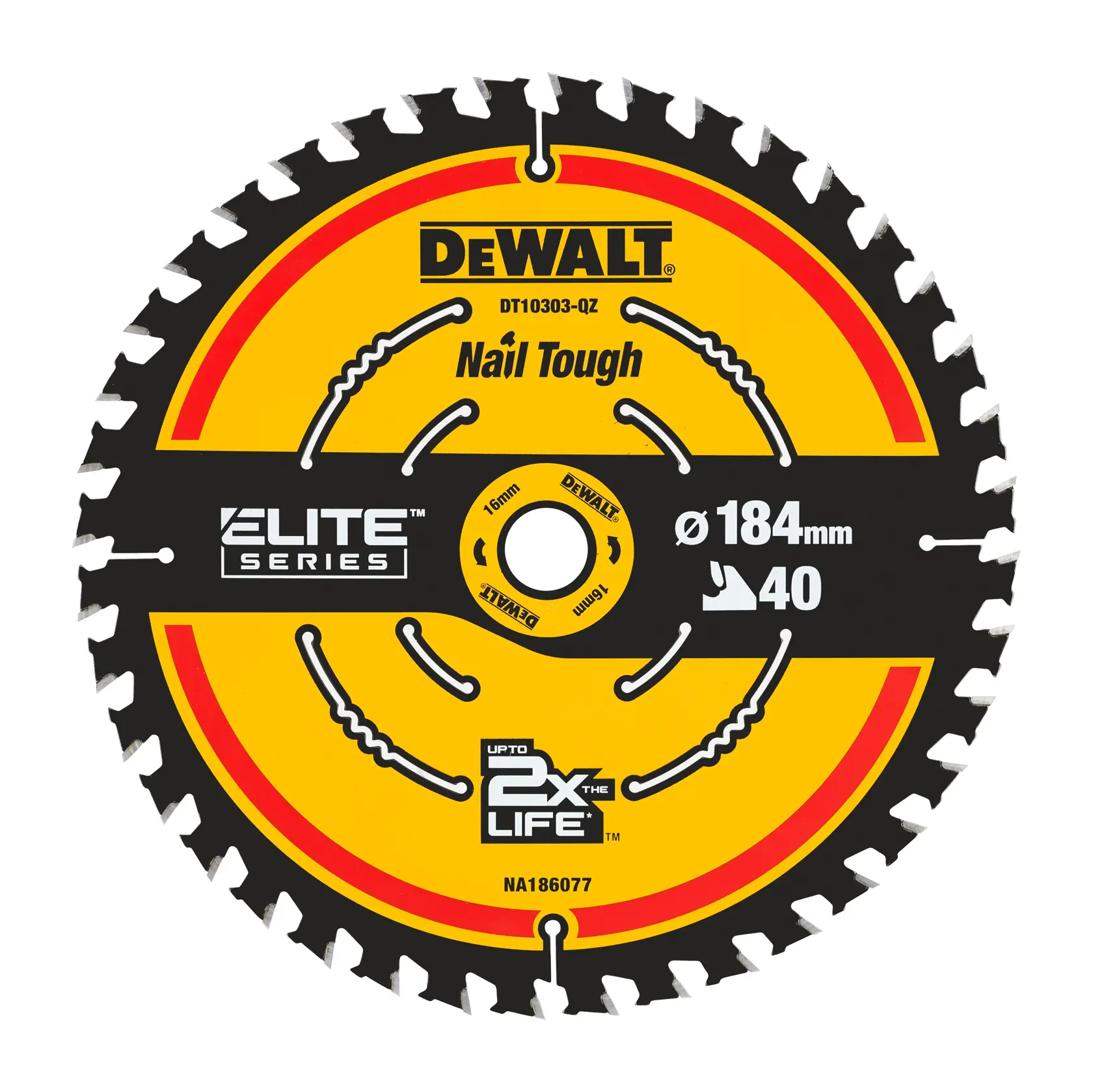 Hoja de sierra circular DEWALT DT10303, Elite Series, Nail Tough, 184mm, 40 dientes, amarillo y negro.