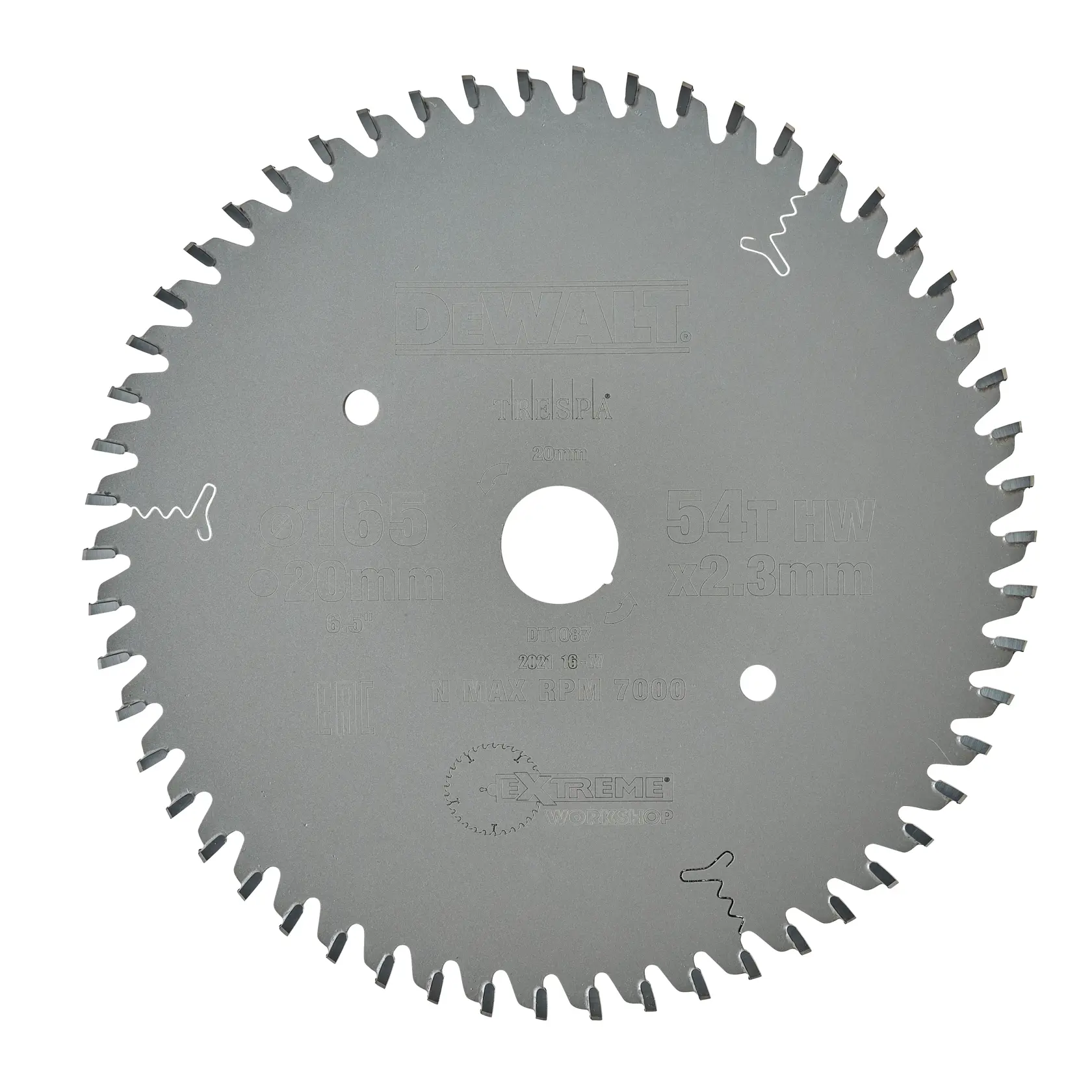 Ein DEWALT Kreissägeblatt, Modell DT1087, mit 54 Zähnen und einem Durchmesser von 165mm. Das Sägeblatt besteht aus langlebigem Metall und ist für die Werkstattnutzung geeignet.