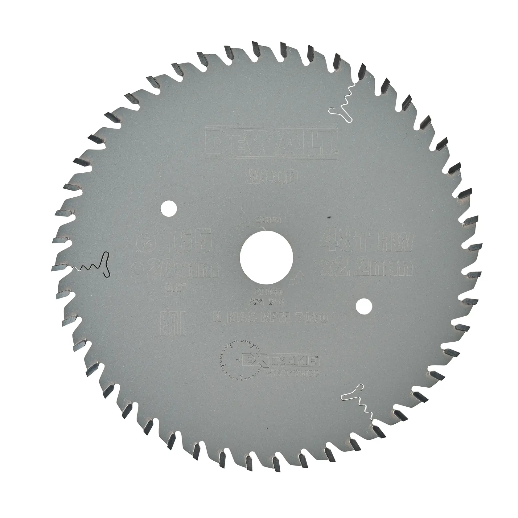 Hoja de sierra circular DEWALT DT1090 para madera, plateada, con dientes y agujero central.