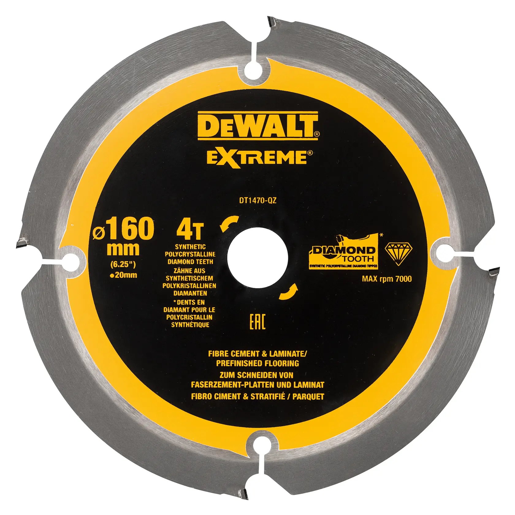 DEWALT DT1470 Sägeblatt, 160mm, 4T Diamantzähne, für Faserkement und Laminatboden.