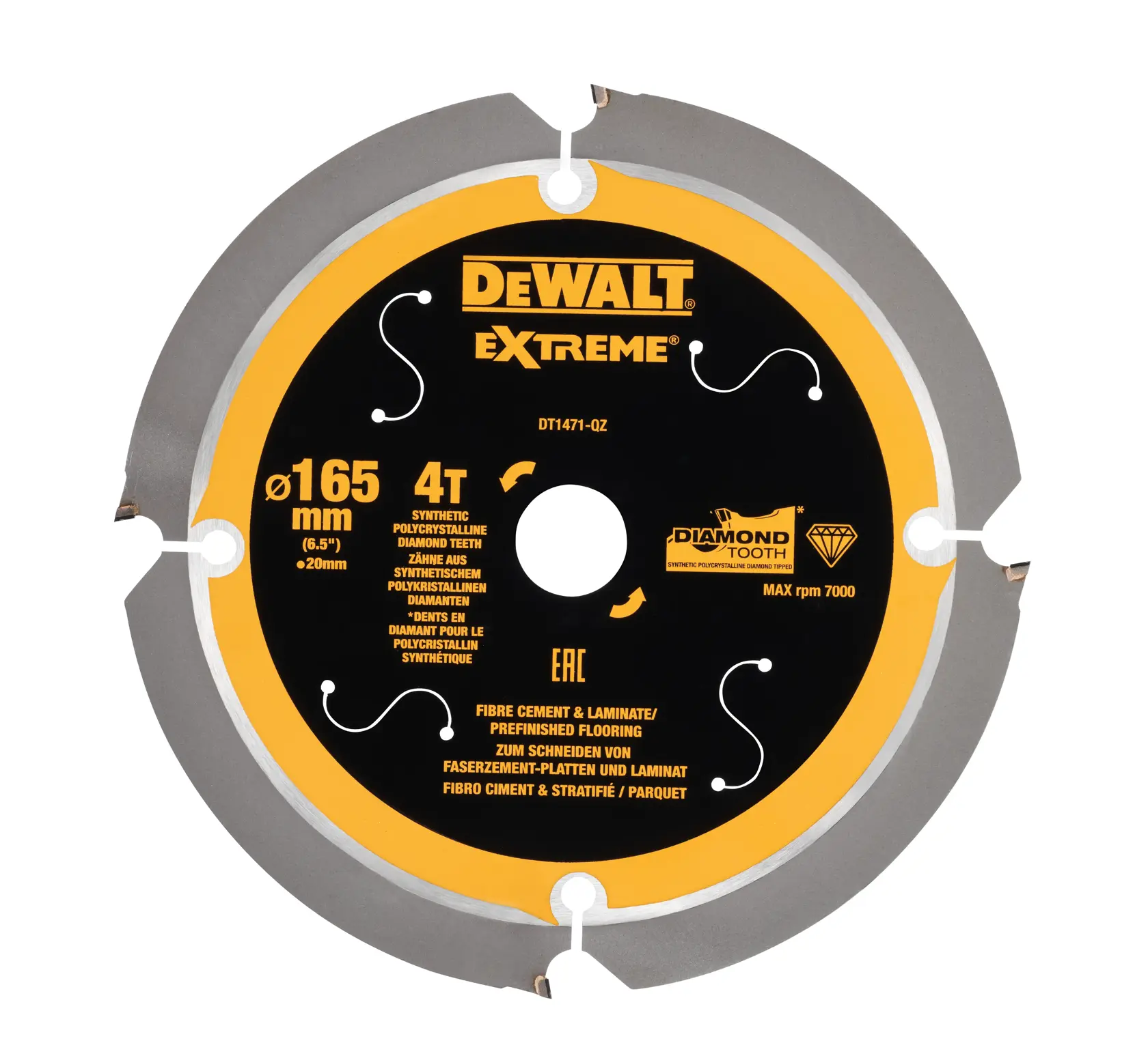 DEWALT DT1471 Extreme Sägeblatt für Faserzement und Laminat. 165mm Durchmesser, 4 Diamantzähne.