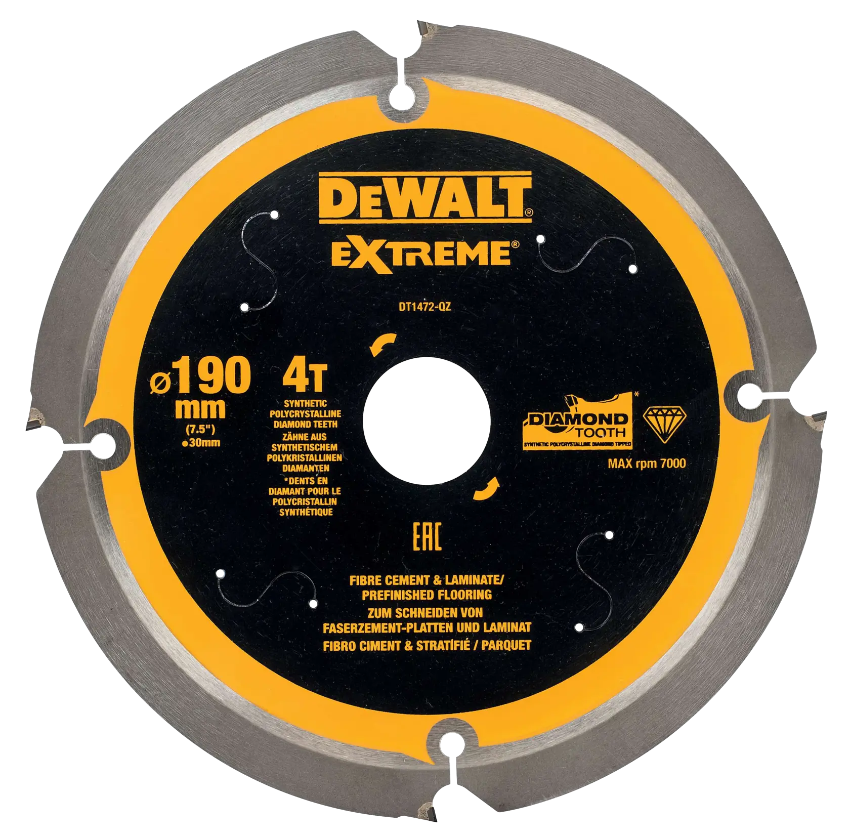 DEWALT DT1472 Extreme Sägeblatt für Faserzement und Laminat, 190mm Durchmesser, 4T, Diamantzahn.