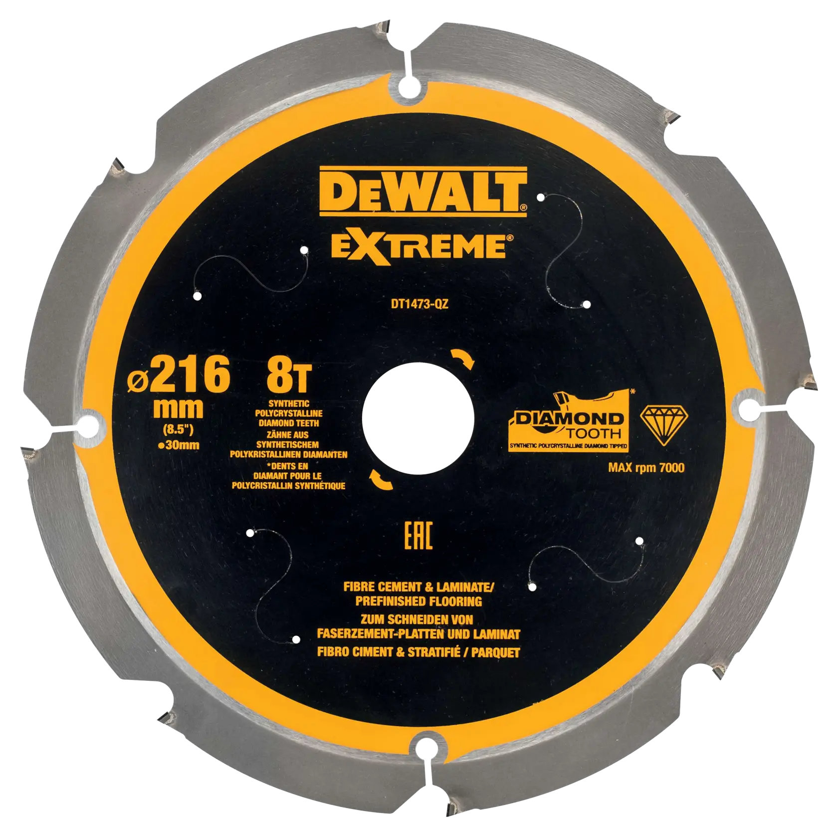 DEWALT DT1473 Extreme Kreissägeblatt für Faserzement und Laminat, 216mm, 8 Zähne.