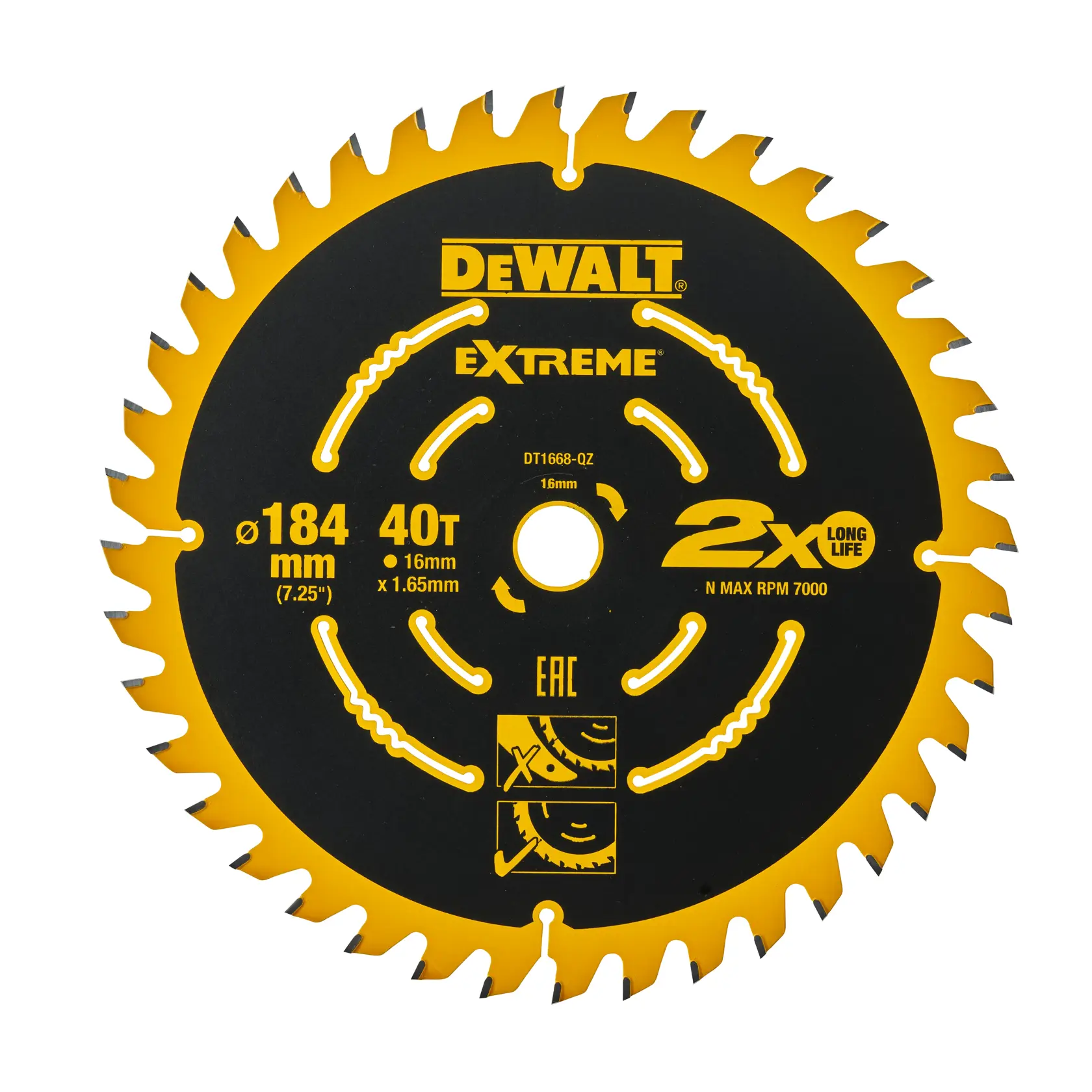 Disco de sierra circular DEWALT DT1668 Extreme 184mm 40T para madera, amarillo y negro con detalles.