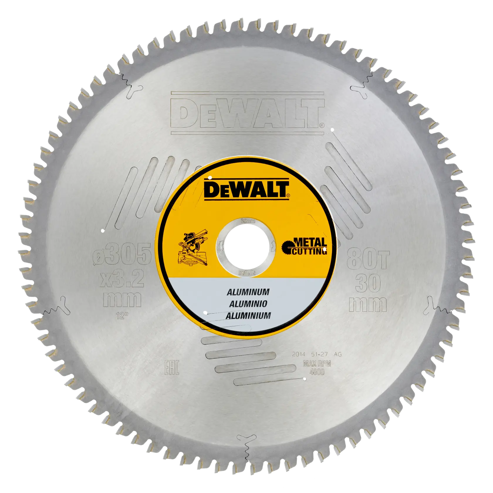 DEWALT Kreissägeblatt für Metall, 305 mm Durchmesser, 80 Zähne, speziell für Aluminium.
